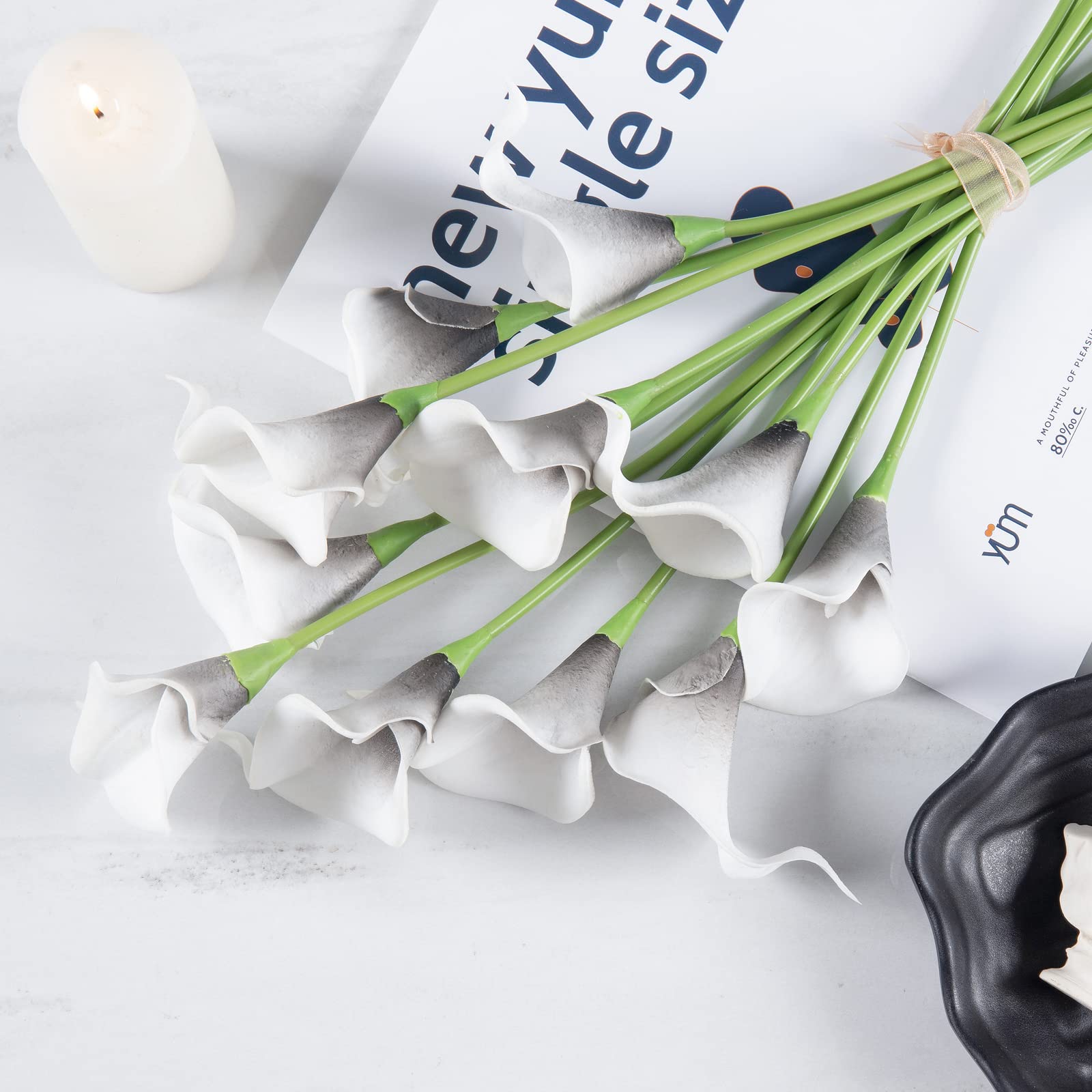 DuHouse Calla Lily Artificial Flowers - 20Pcs Real Touch Latex, Black White for DIY Wedding Bouquet & Home Decor
