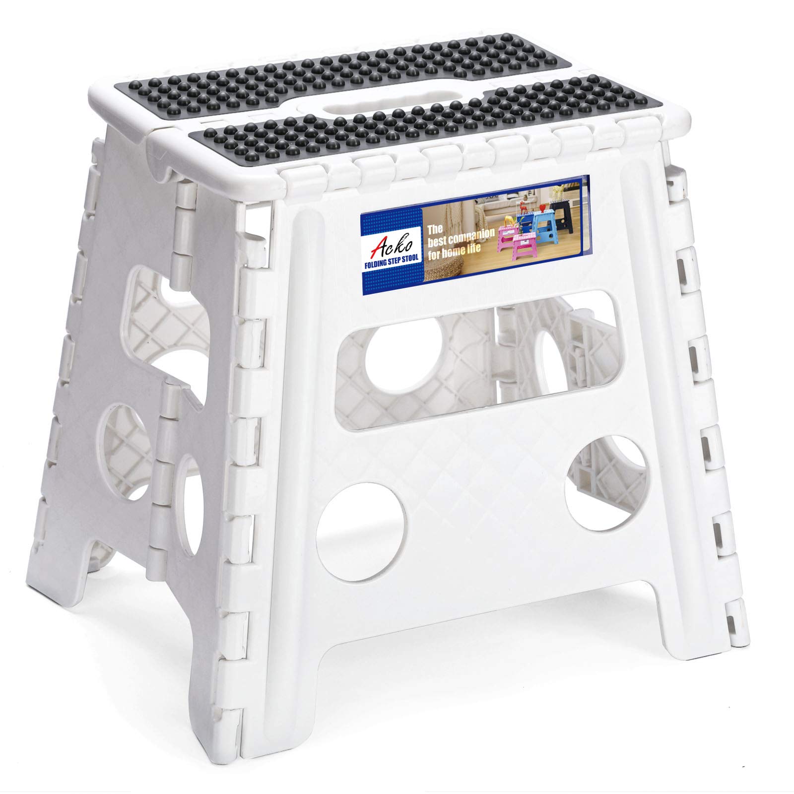 Acko Folding Step Stool - 13' Height Premium Heavy Duty Step Stools For Adults And Kids, Upgrade Step Stool Kitchen Garden Bathroom Stepping Stool (White)