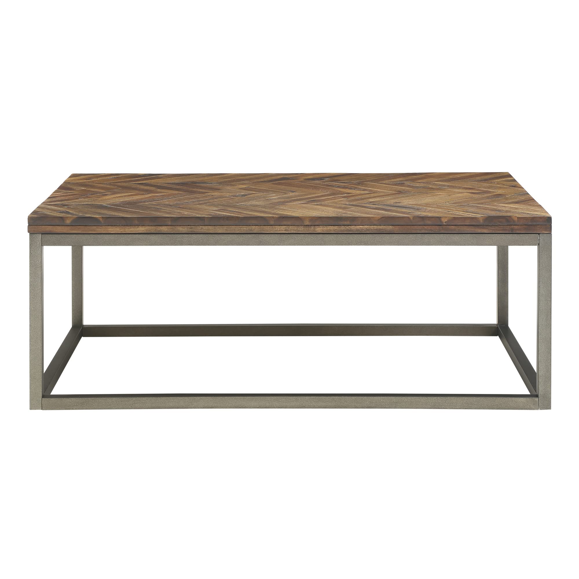 Steve Silver Lorenza Rustic Coffee Natural Honey, Acacia Wood Top, Metal Base, Distressed Chevron Pattern Cocktail Table, Nickel
