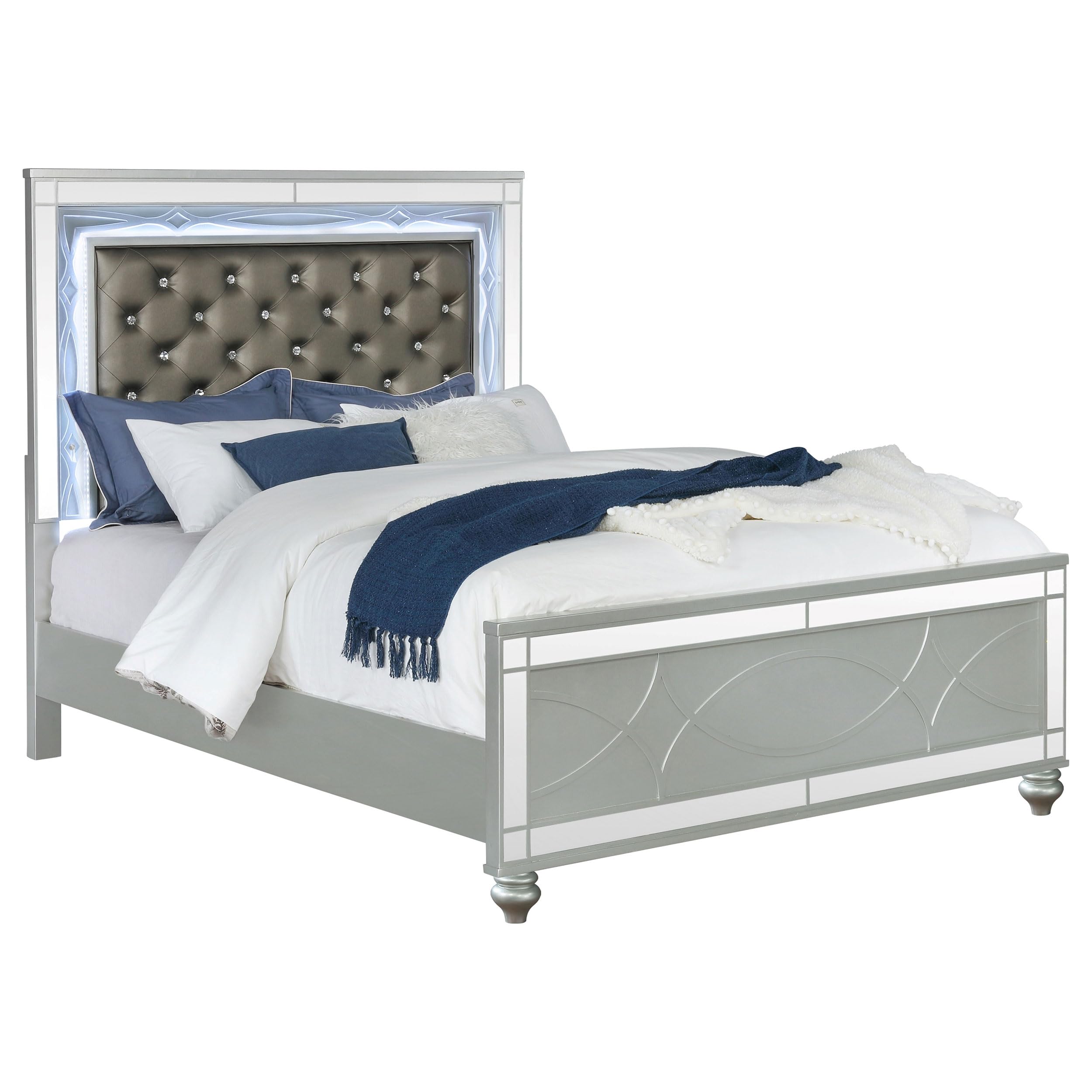 Coaster Home Furnishings Gunnison Modern Classic Leatherette Upholstered Queen Size LED Panel Bed Frame 63-inch Headboard Silver Metallic 223211Q