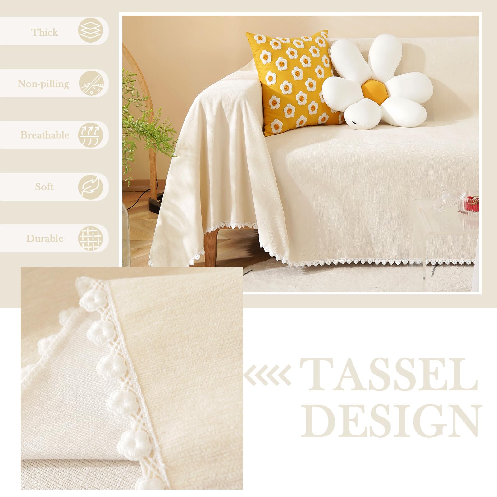 Handontime Beige Couch Covers For 3 Cushion Couch Sofa Cute Sofa Covers With White Daisy Lace Pet Couch Protector Thick Chenille Couch Cover For Dogs Sectional Sofa L Shape Futon Couch, 71' X134'