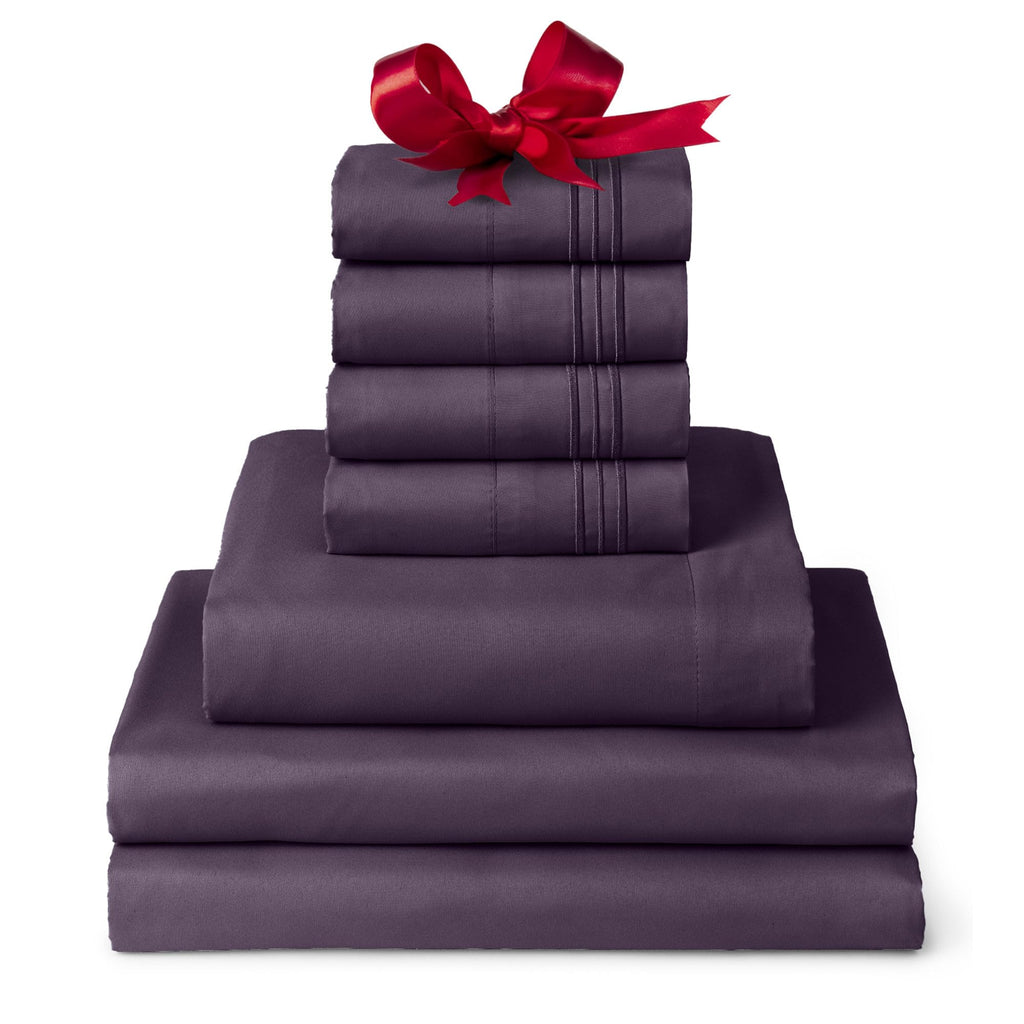 Mellanni Split King Sheet Set - 7-Piece Iconic Collection Bedding, (Including 4 Pillowcases), 16-Inch Deep Pocket, Easy Care, Extra Soft, Cooling Sheets, Brushed Microfiber - Purple