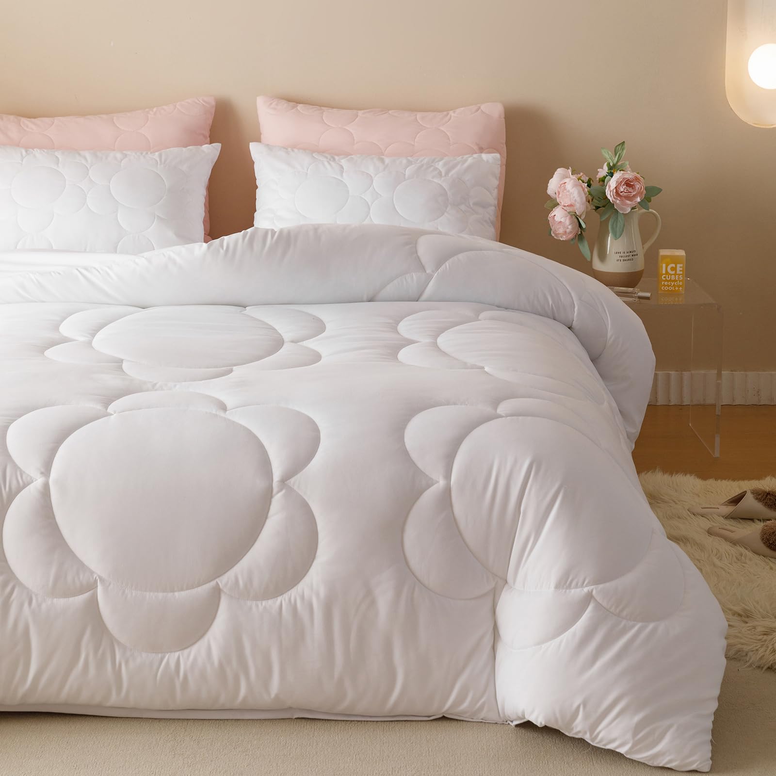 Clothknow White Twin Comforter Set 3Pcs Daisy Puff Bedding Comforter Sets Floral Boho Comforter White Comforter Twin Soft White Comforter Sets Twin