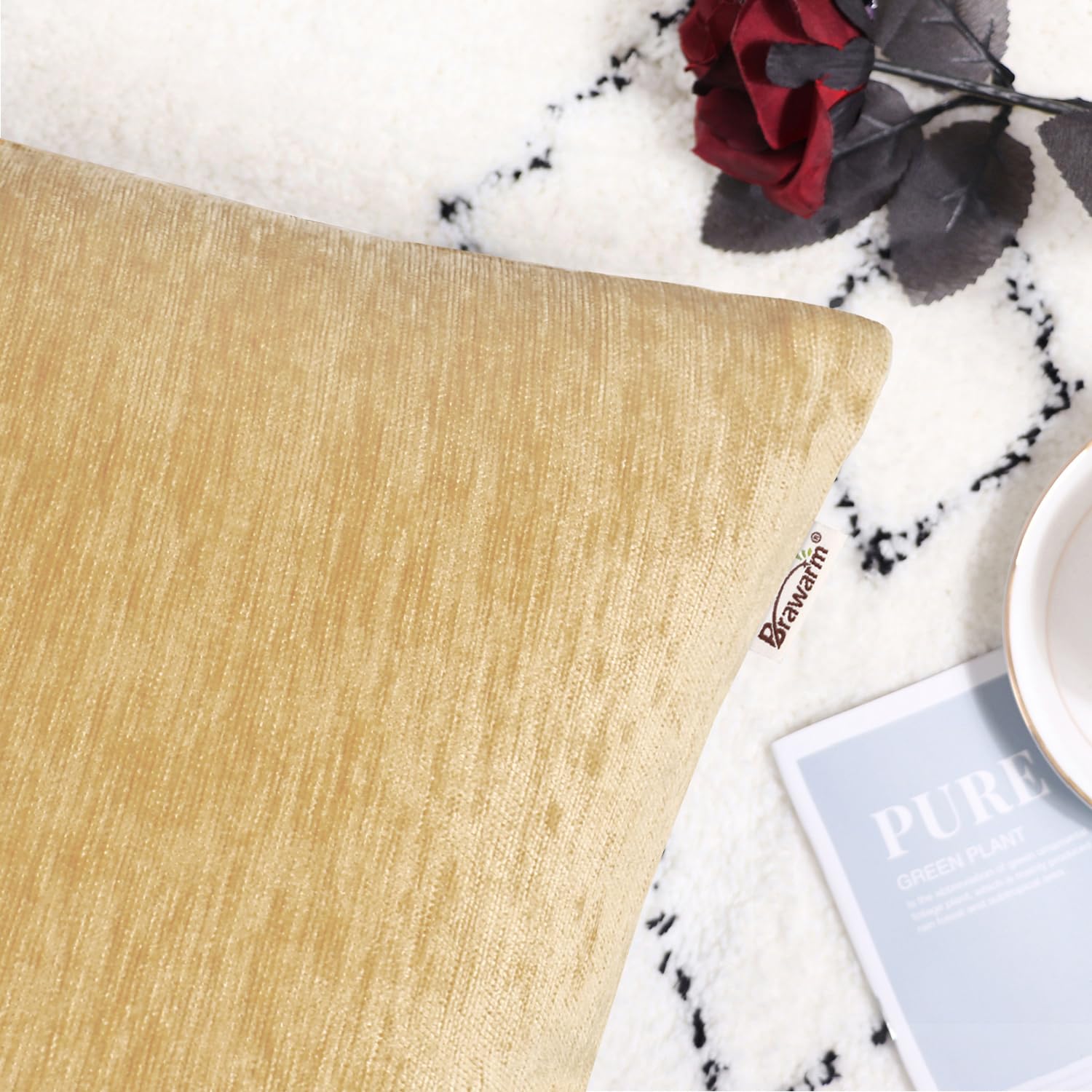 Brawarm Chenille Throw Pillow Covers 18X18 Inches - Gold Chenille Pillow Covers Pack Of 2, Solid Dyed Soft Chenille Pillow Cases