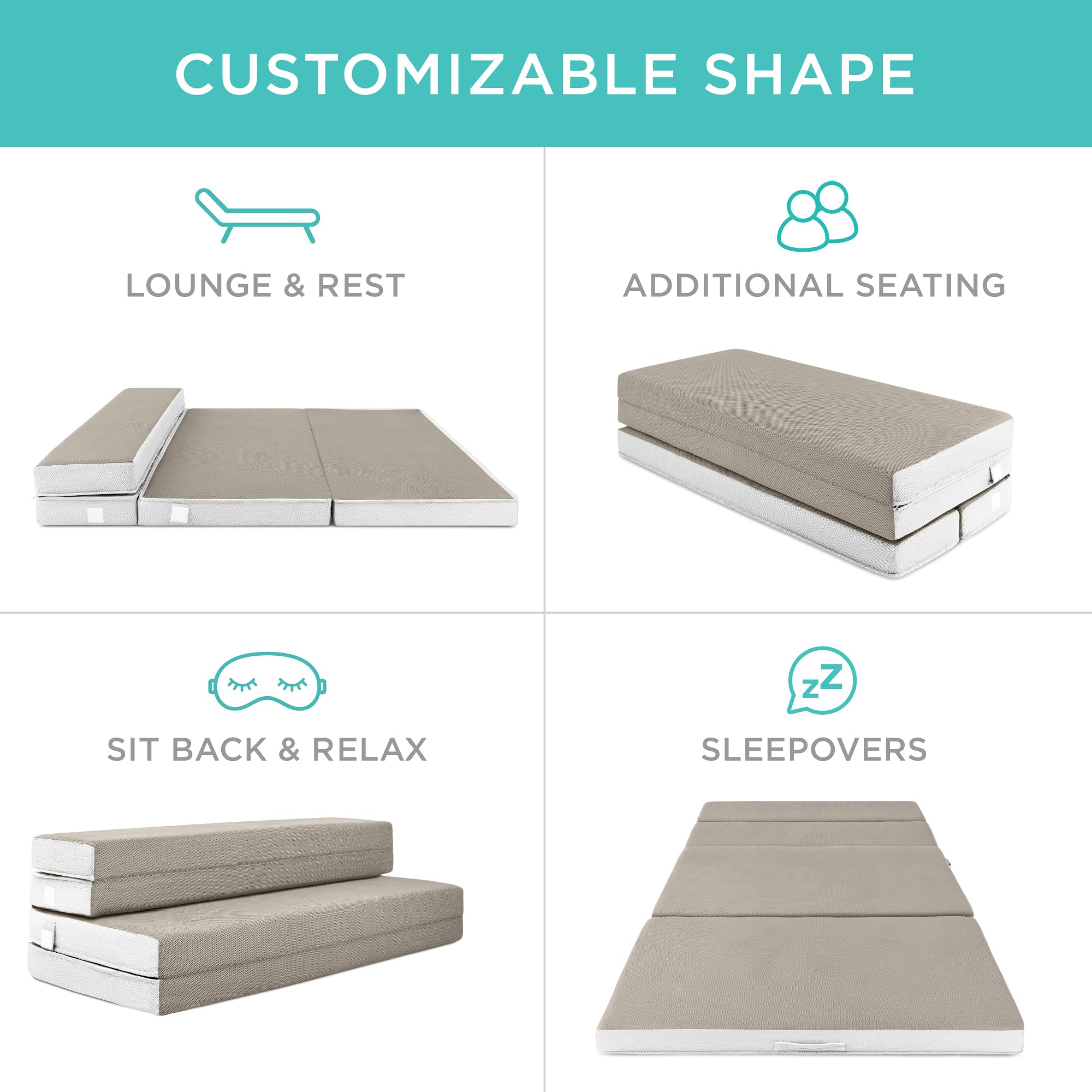 Best Choice Products 4In Portable Twin-Size Mattress, Folding Mattress Topper For Camping, Guest, Toddler, Foam Plush W/Carry Case - Taupe