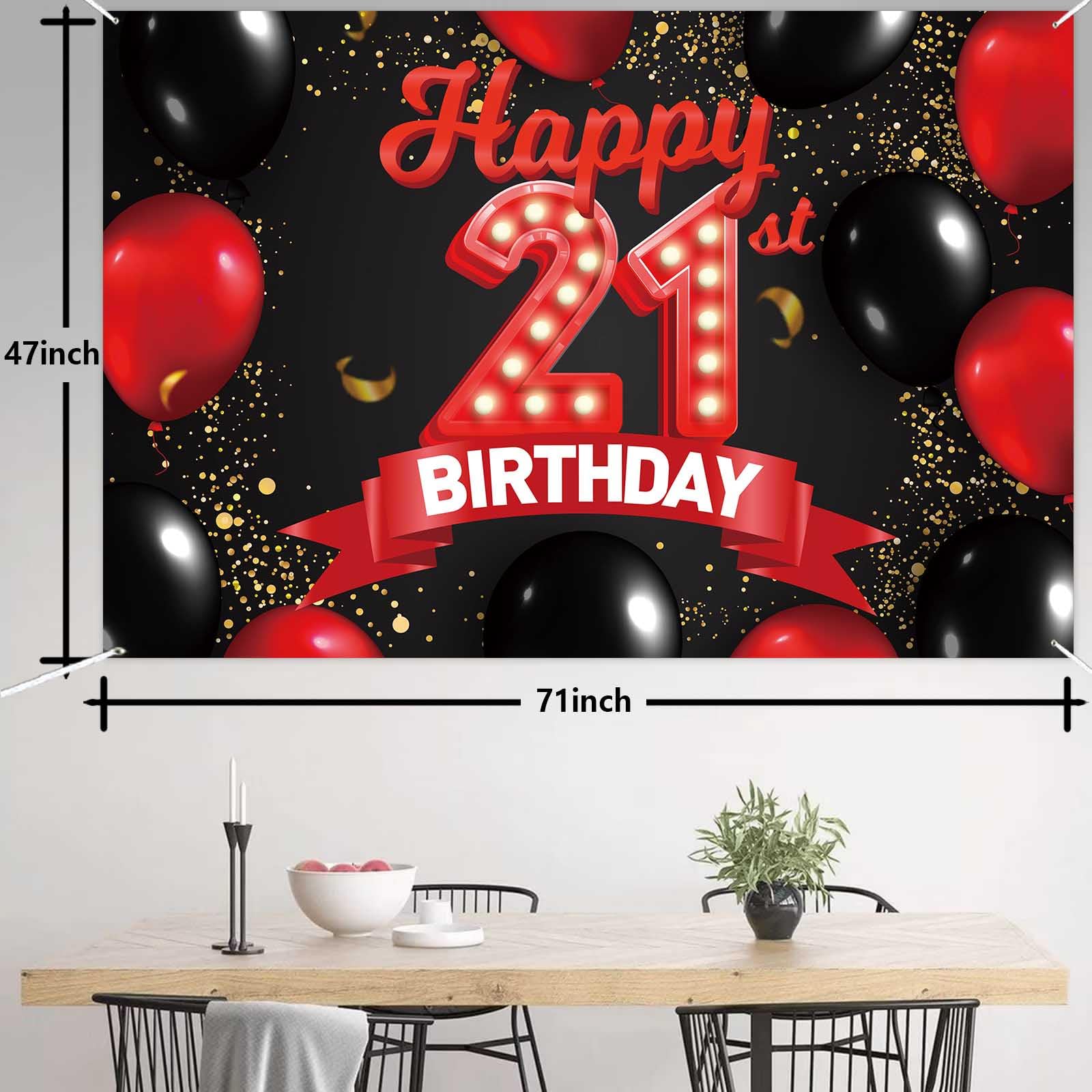 DZTRELFK 21st Birthday Banner Backdrop Decorations Fabric Red Black Glitter Gold Multi 71x47 inches