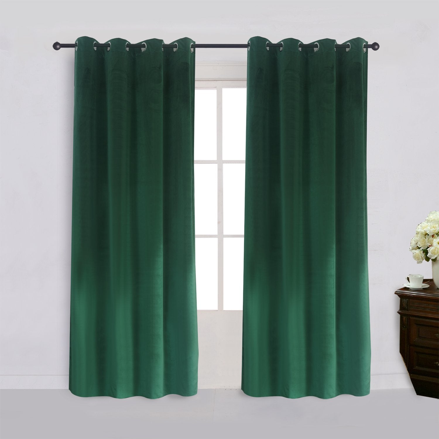Super Soft Signature Velvet Curtains Set Of 2 Dark-Green Classic Blackout Panels Home Theater Grommet Drapes Eyelet 52Wx72L-Inch