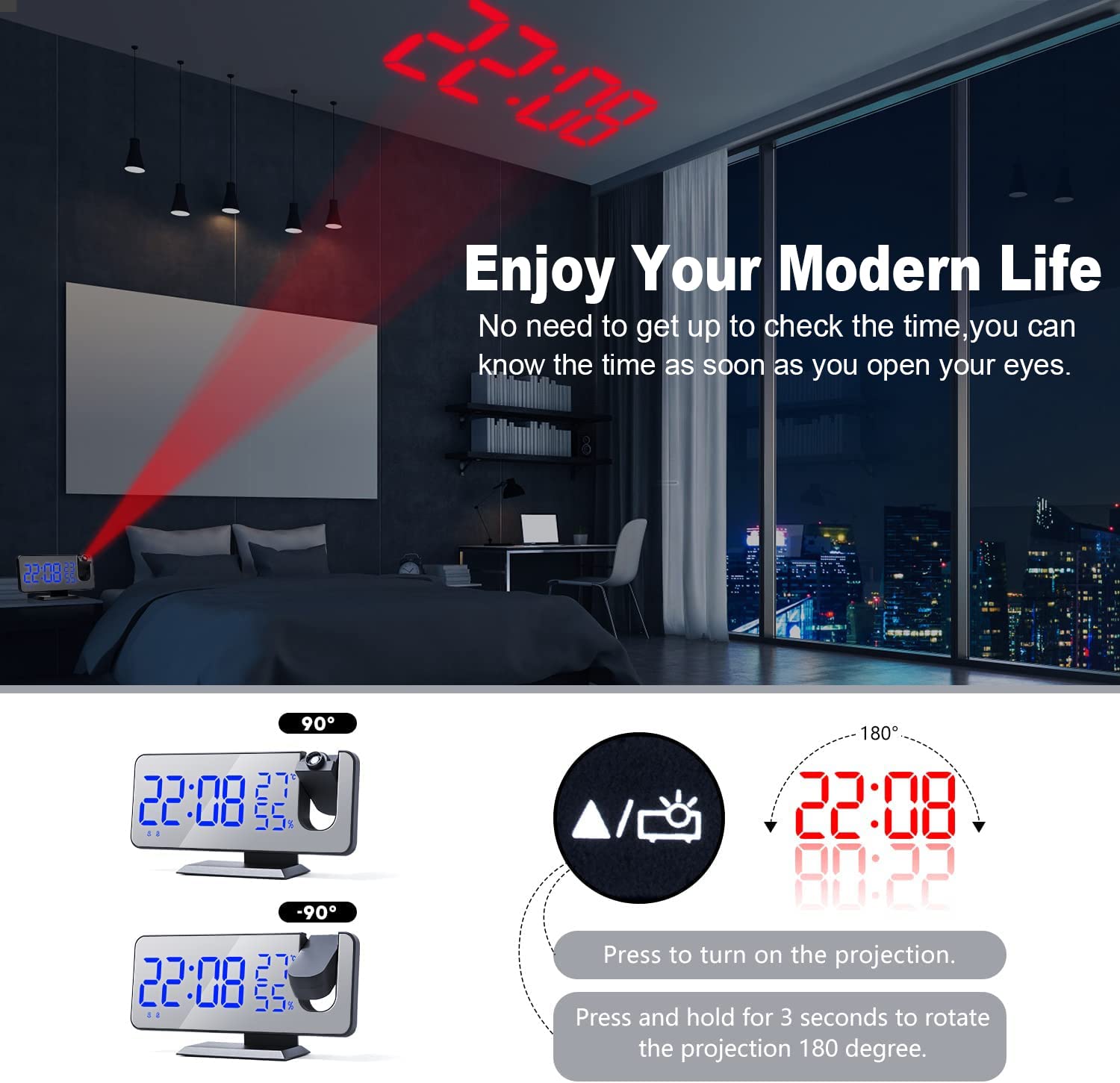 Hanaix AC-03 Projection Digital Alarm Clock with USB Charger, Black-Blue
