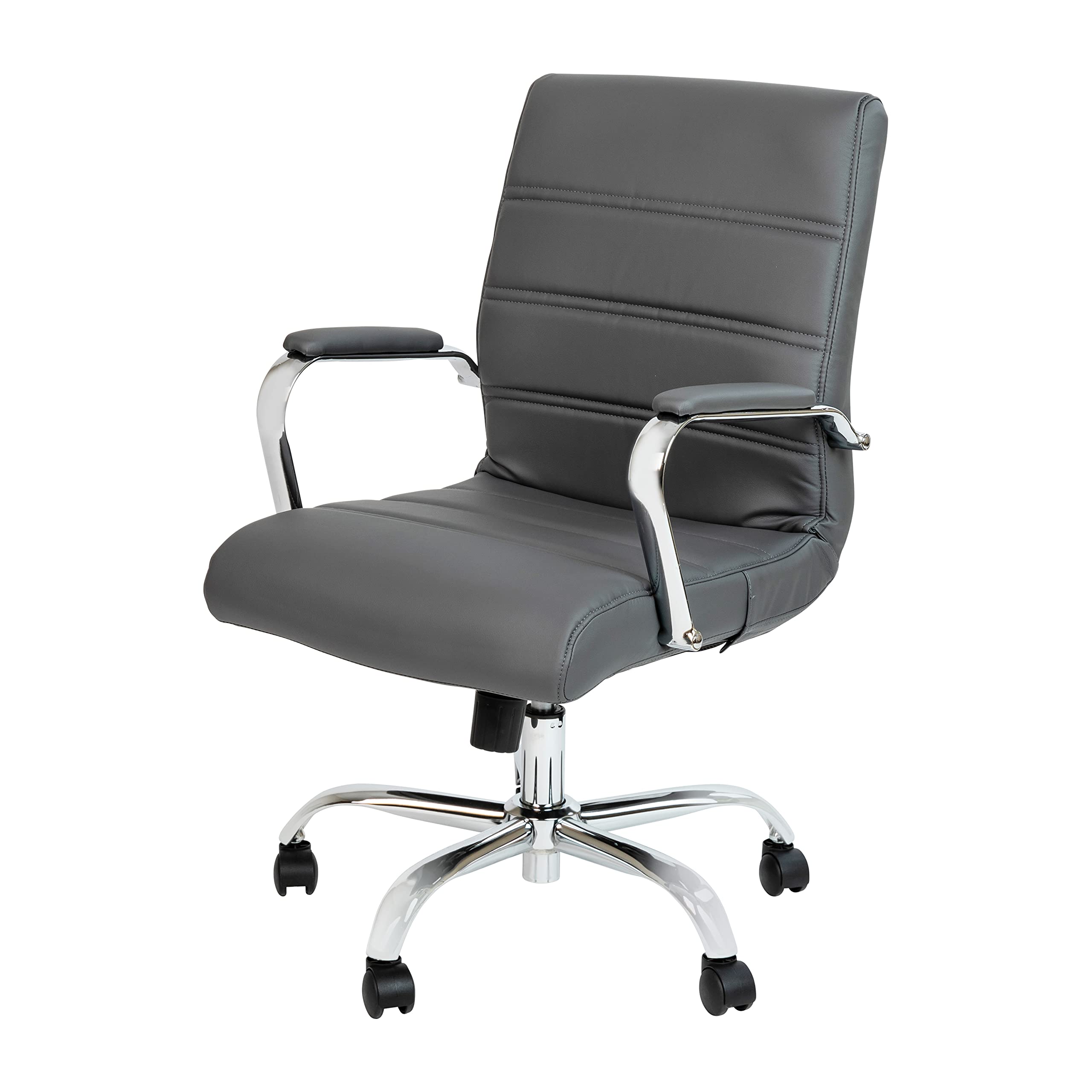 Flash Furniture Whitney Mid-Back Swivel LeatherSoft Desk Chair with Padded Seat and Armrests, Adjustable Height Padded Office Chair, Gray/Chrome