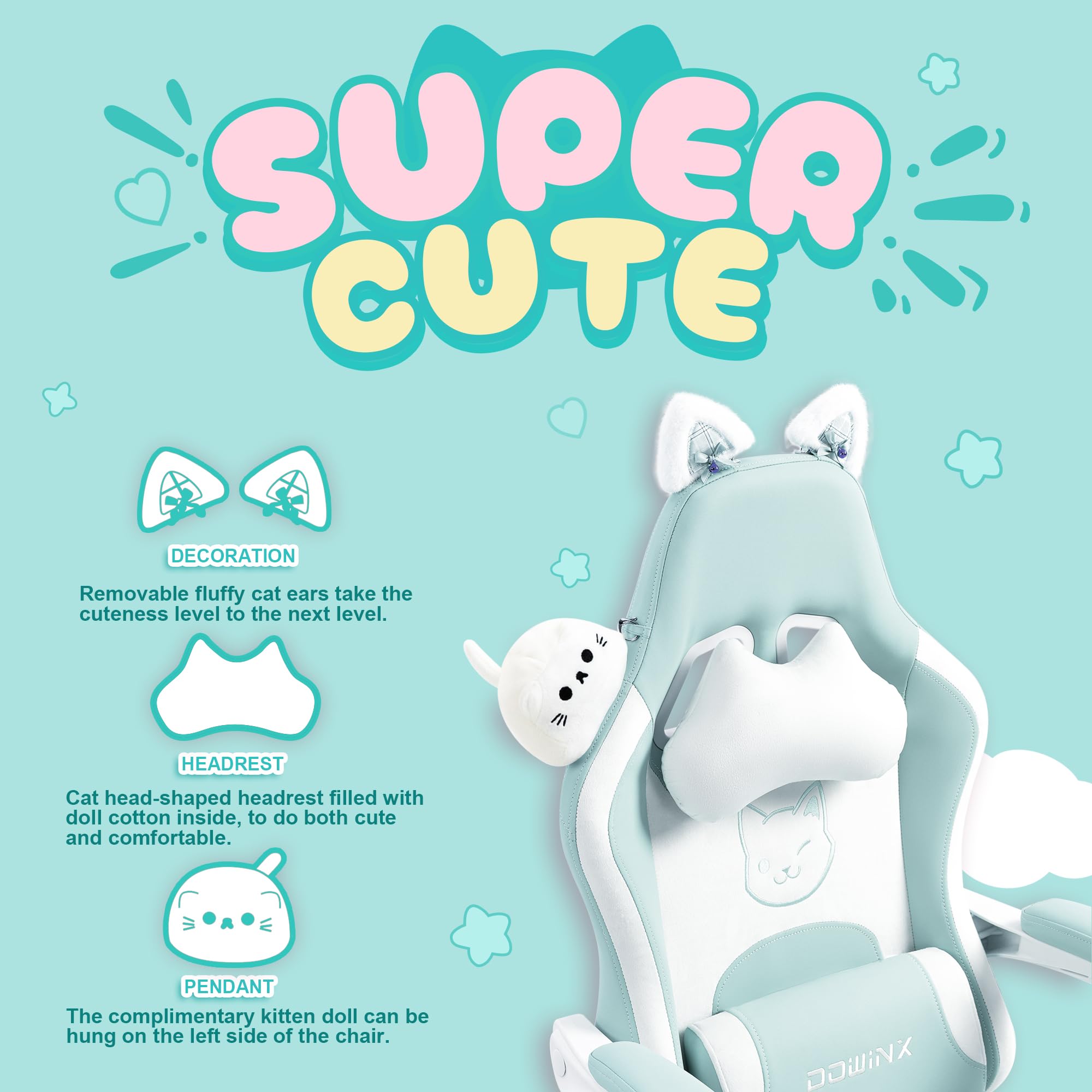 Dowinx Gaming Chair Cute With Cat Ears And Massage Lumbar Support, Ergonomic Computer Chair For Girl With Footrest And Headrest, Comfortable Reclining Game Chair 290Lbs For Adult, Teen, Blue Green