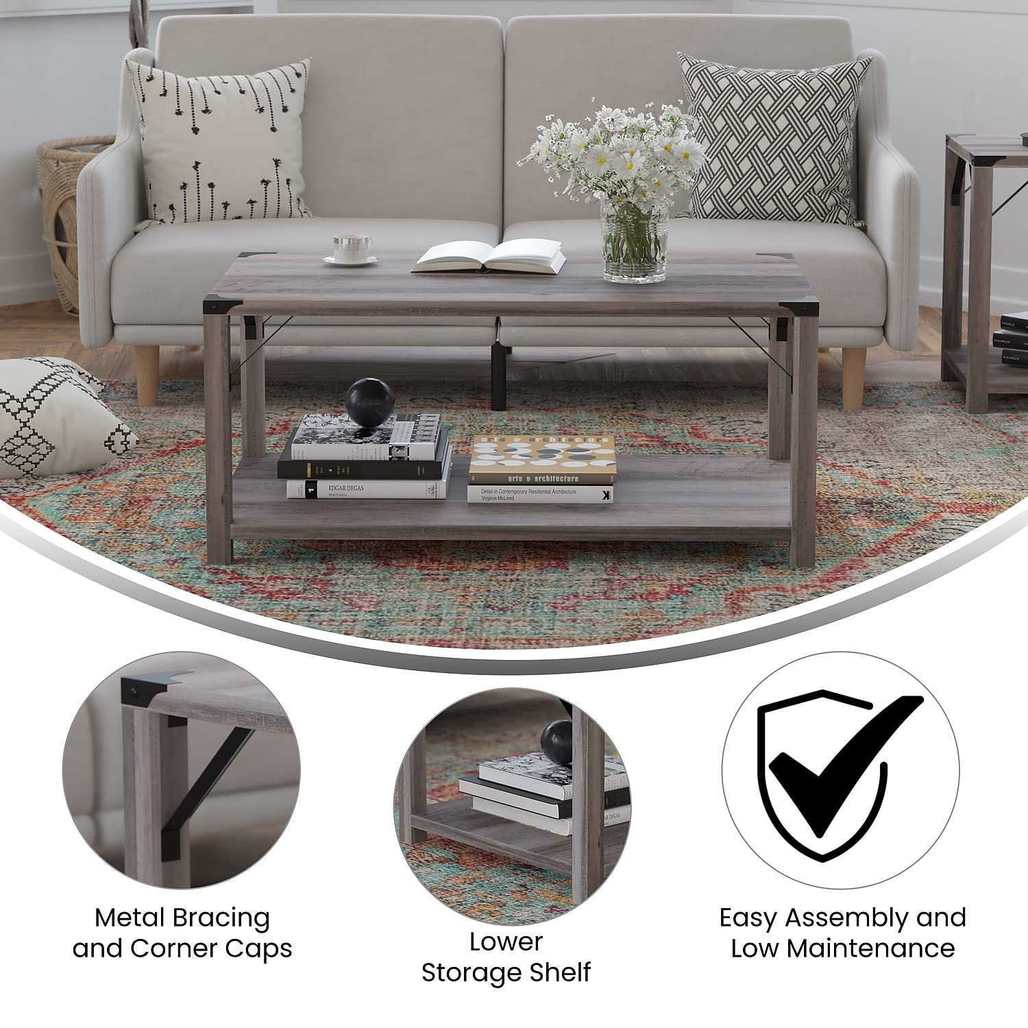 Flash Furniture Wyatt Modern Farmhouse 2 Tier Coffee Table - Gray Wash Engineered Wood Frame - Black Metal Crisscross Side Braces and Corner Accents