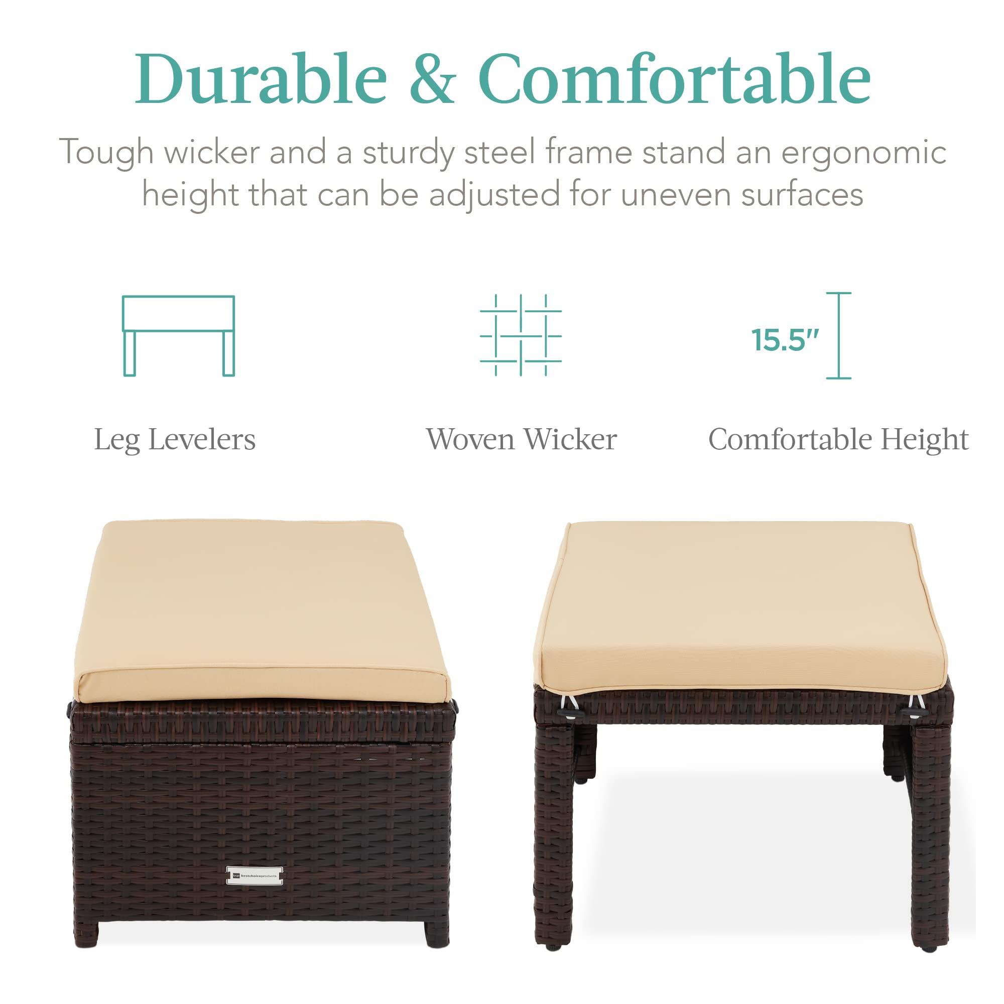 Best Choice Products Set Of 2 Wicker Ottomans, Multipurpose Outdoor Furniture For Patio, Backyard, Additional Seating, Footrest, Side Table W/Removable Cushions, Steel Frame - Brown/Tan