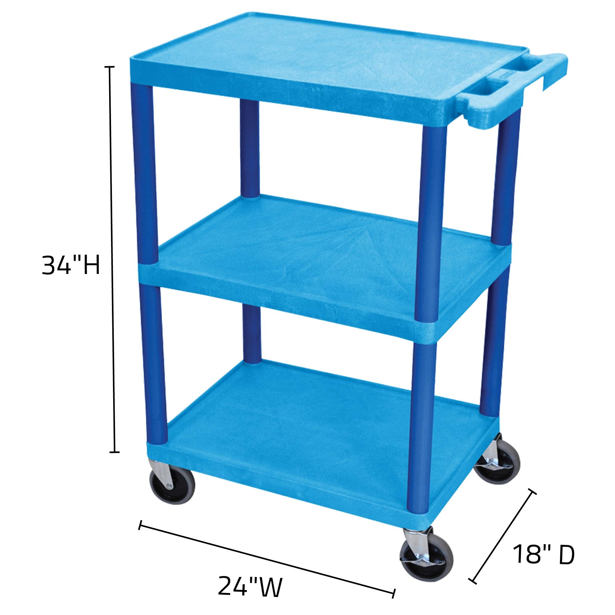 LUXOR HE34-BU Utility Cart - 3 Shelves Structural Foam Plastic, Four 4" Casters, Two with Locking Brake, Ergonomic Push Handle, 24"W x 18"D x 34"H, Offices, Classrooms