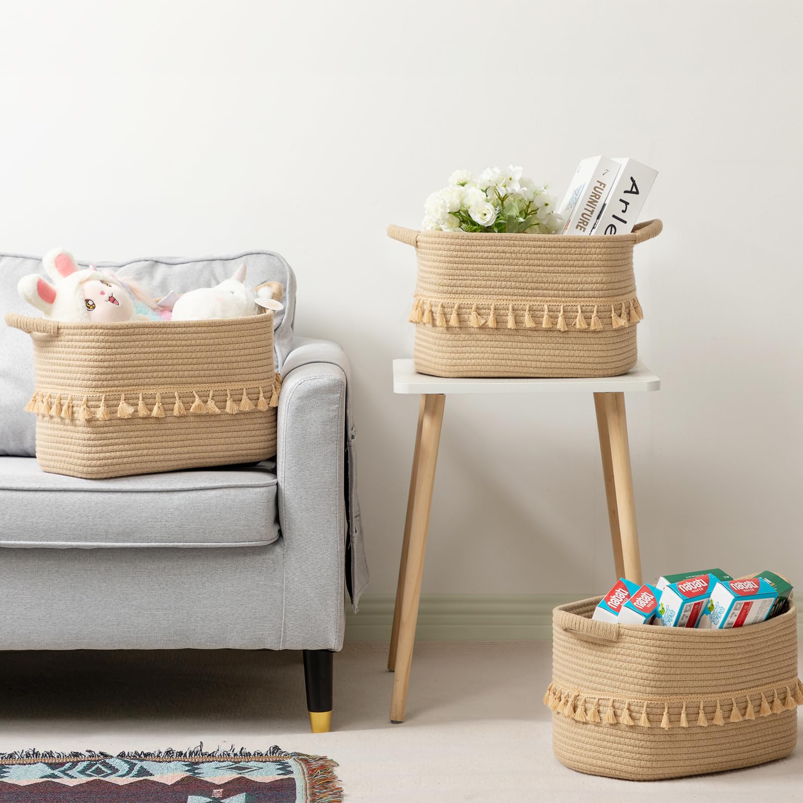 Teokj Storage Basket 3 Pack For Organizing, Rope Cotton Baskets For Toy, Clothes, Blankets, Decorative Basket For Living Room, Nursery, Bathroom, Jute