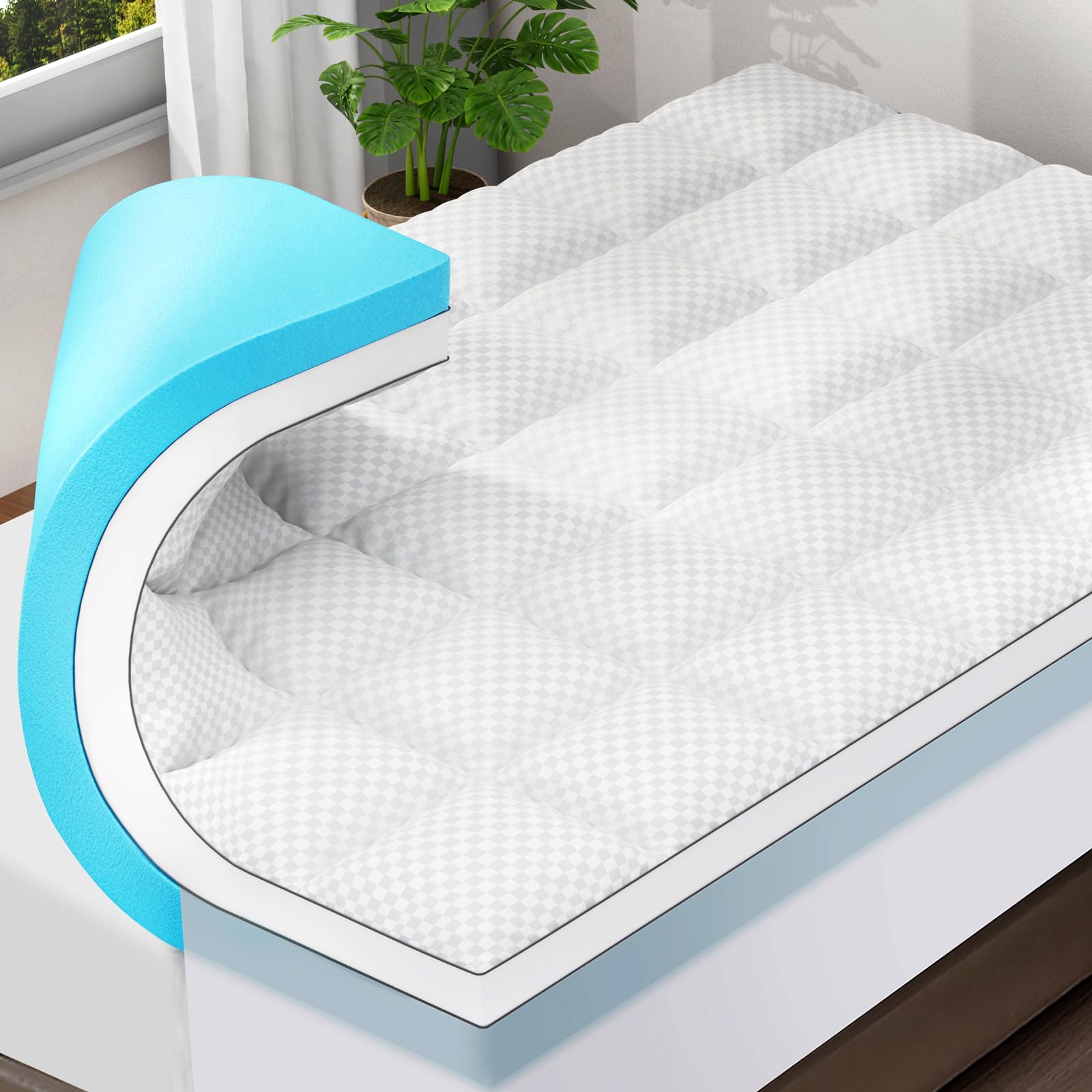 Olanly Dual-Layer 4 Inch Queen Size Memory Foam Mattress Topper For Back Pain, 2 Inch Cooling Pillow Top Mattress Pad Cover And