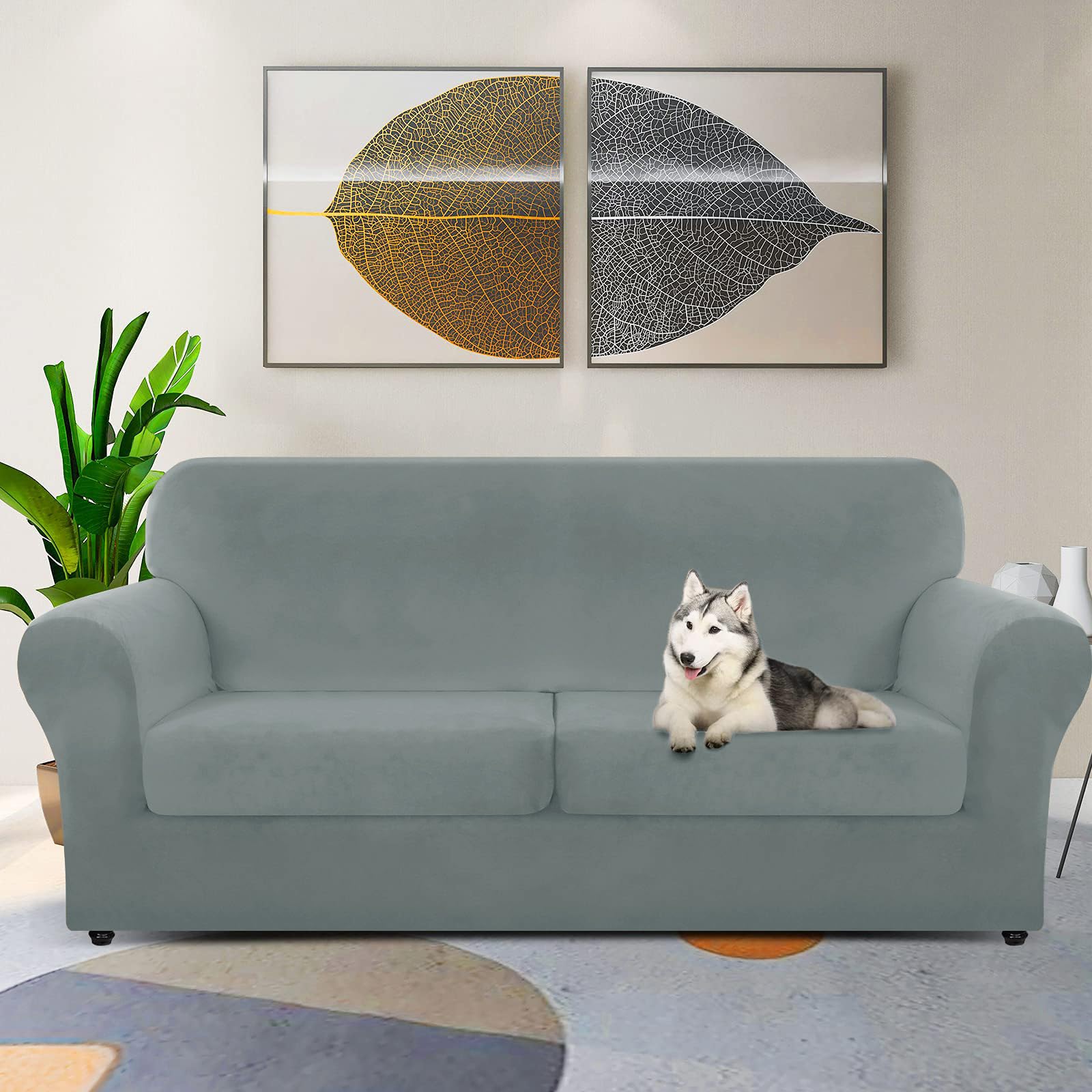 Znsayotx Oversized Velvet 3 Piece Couch Cover With 2 Extra Large Seat Cushion Covers Stretch Sofa Cover For 2 Cushion Couch Thick Soft Loveseat Sofa Slipcover (Light Grey),71'-91'(2 Cushions)