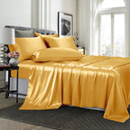 Treely 6 Piece Satin Sheets King Size Silky Smooth Gold Satin Sheet Set With Deep Pocket, Satin Fitted Sheet, Flat Sheet, 4 Sati