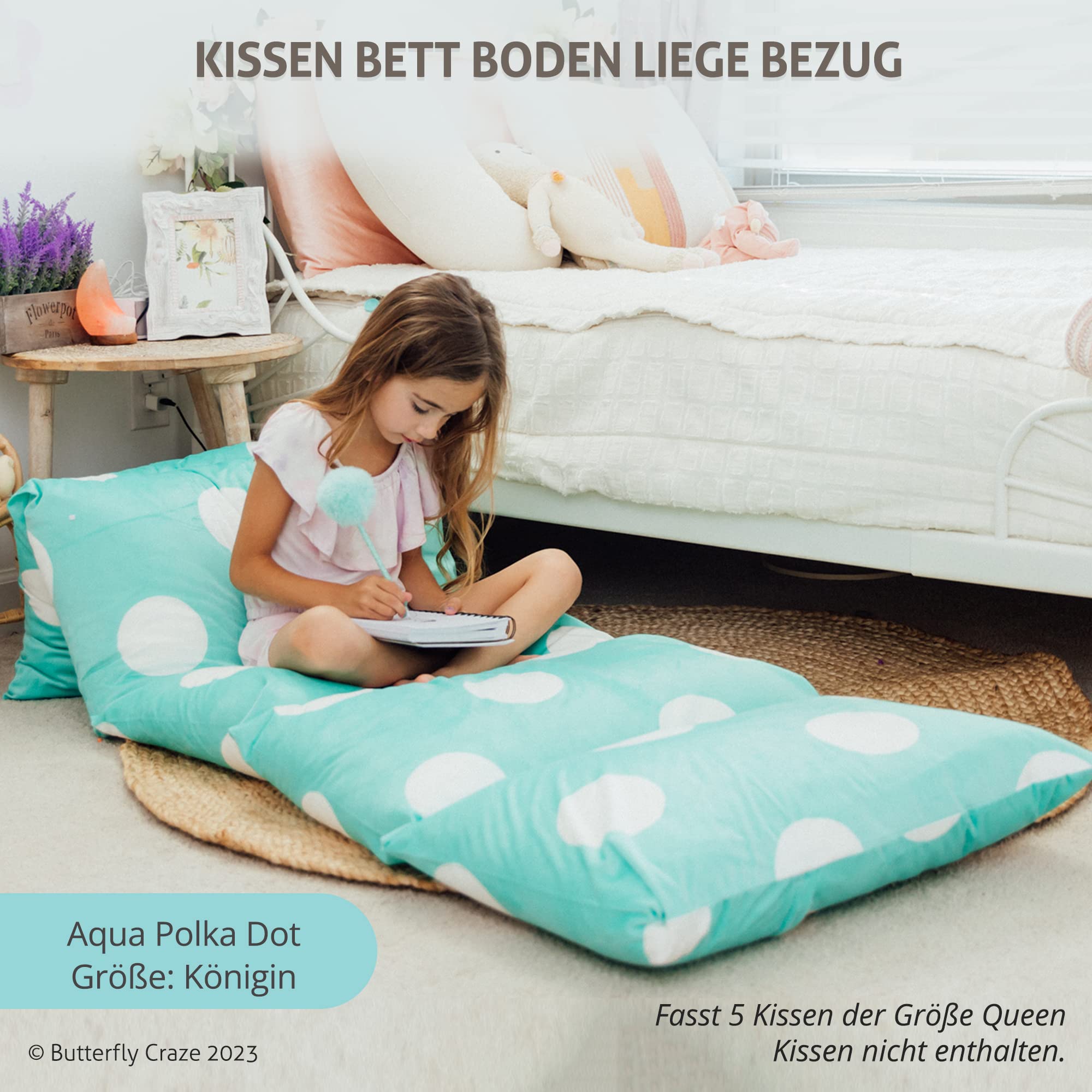Butterfly Craze Floor Pillow Cover Queen Polka Aqua Lounger Cushion for Kids & Adults