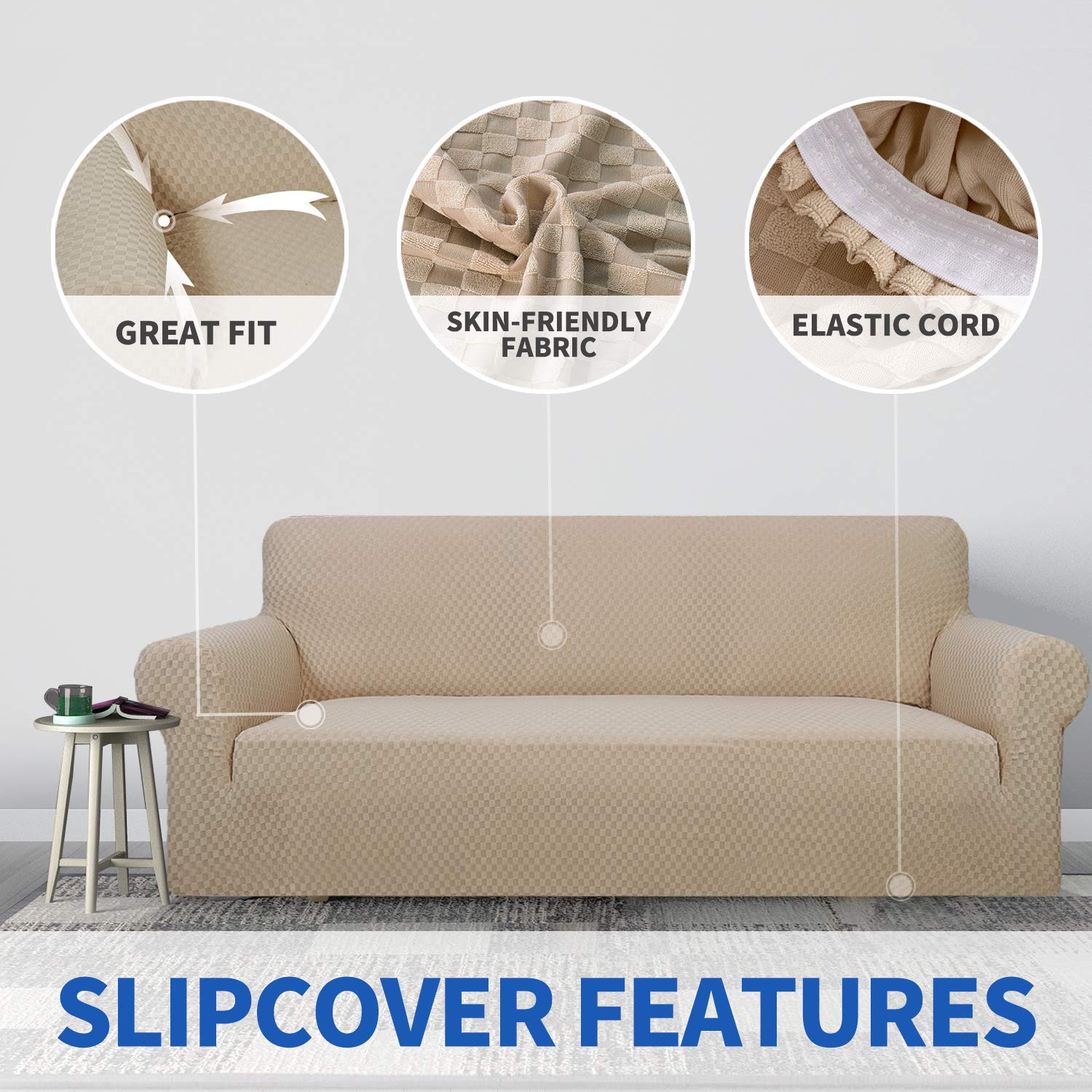 Znsayotx 1 Piece Jacquard Couch Covers For 2 Cushion Couch High Stretch Loveseat Slipcover For Pets Dogs Anti Slip Love Seat Sofa Slipcover Furniture Protector (Loveseat, Khaki)