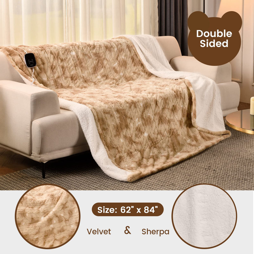 Bearhug Electric Blanket Twin Size 62" x 84" Faux Fur & Sherpa 10 Heating Levels Machine Washable