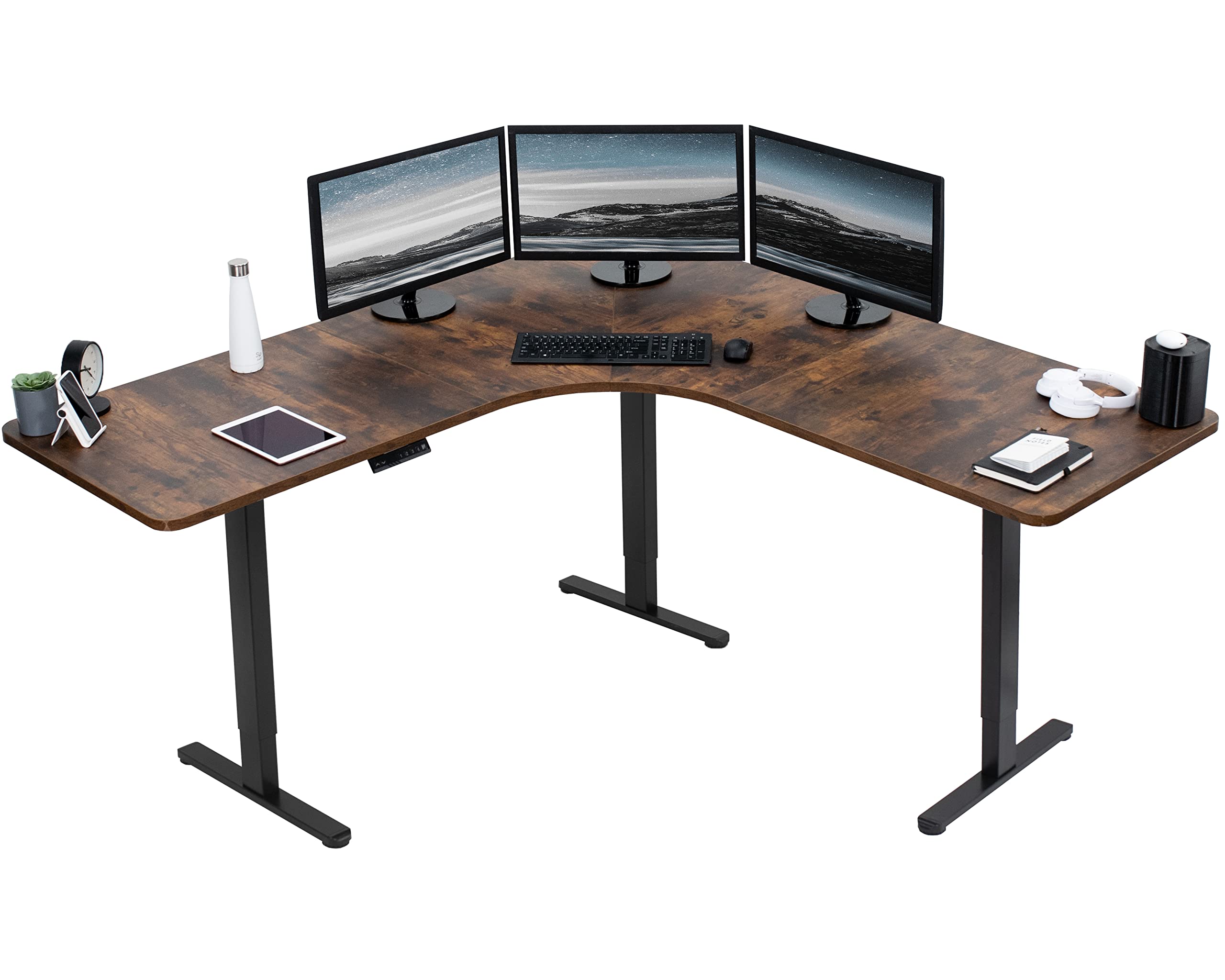 Vivo Electric Height Adjustable 71 X 71 Inch Curved Corner Stand Up Desk, Rustic Vintage Brown Table Top, Black Frame, Memory Controller, L-Shaped Workstation, E3C Series, Desk-Kit-E3Cbn