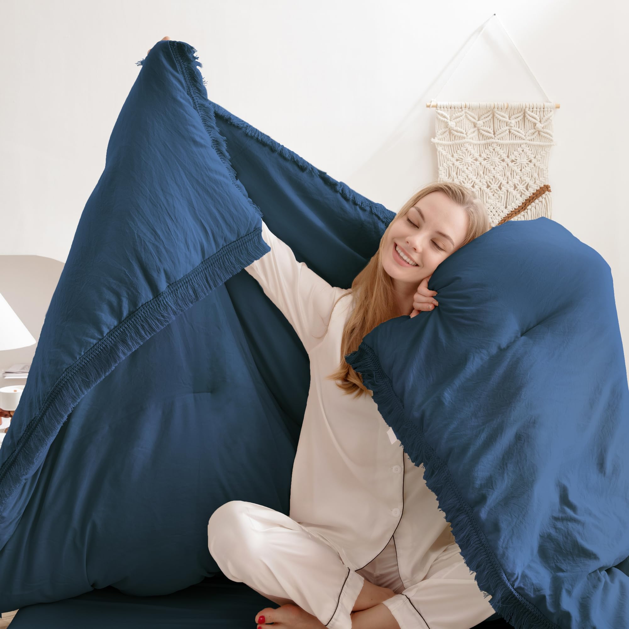 Andency Navy Blue Comforter Set Queen, 3 Pieces Boho Tassel Lightweight Bedding Comforter Sets, All Season Soft Fluffy Fringe Bed Set (90X90In Comforter & 2 Pillowcases)