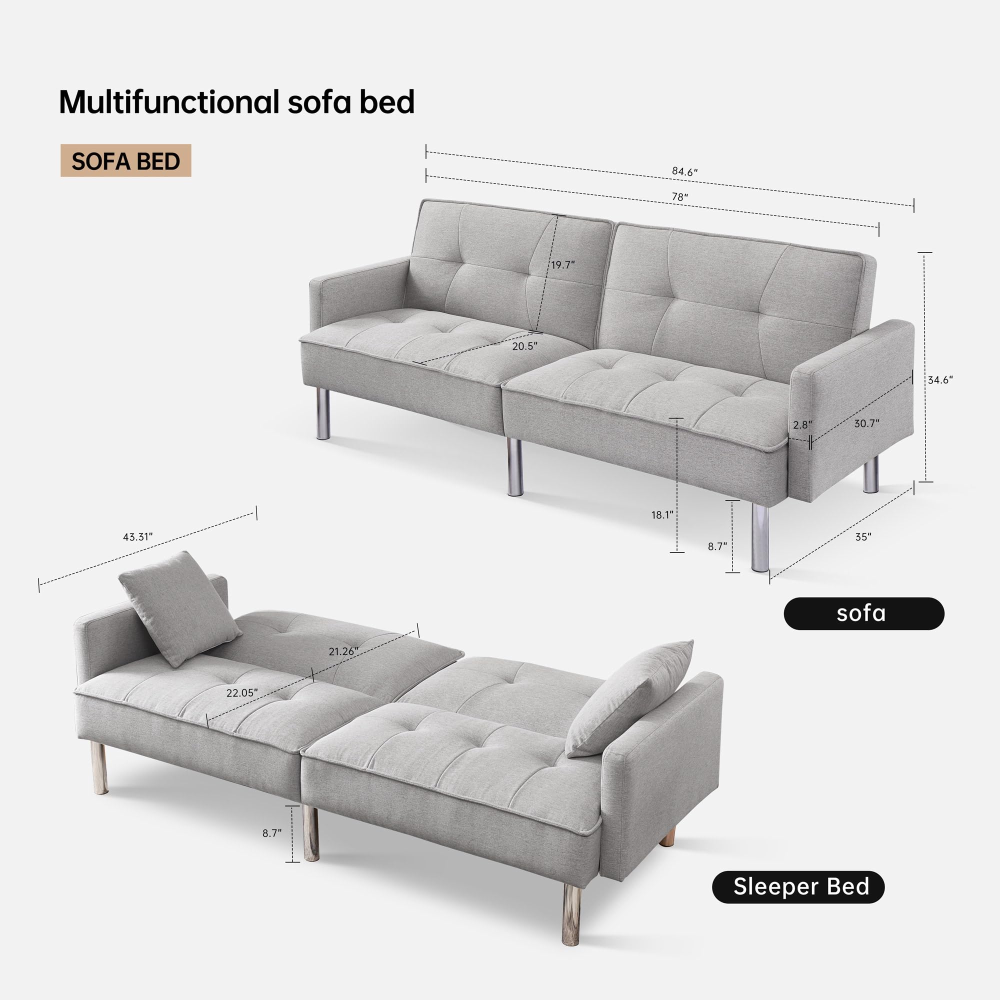 American Furniture Classics Light Grey Tufted Futon Convertible Sofa Sleeper with Two Throw Pillows Velvet, 85" x 35" x 35"