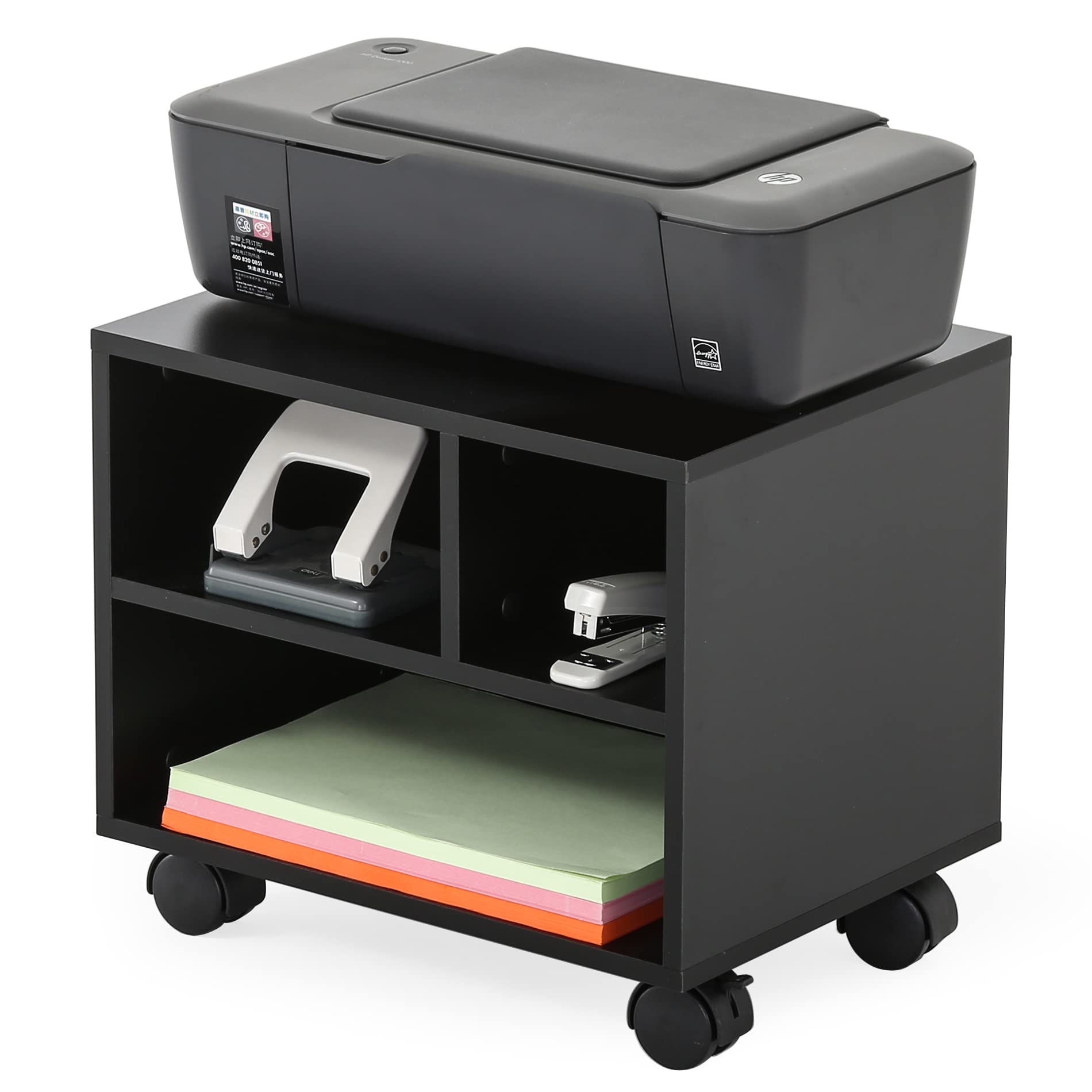 Fitueyes Mobile Printer Stand With Storage, Under Desk Black Wood Small Rolling Printer Table Work Cart With Wheels And 3 Compar