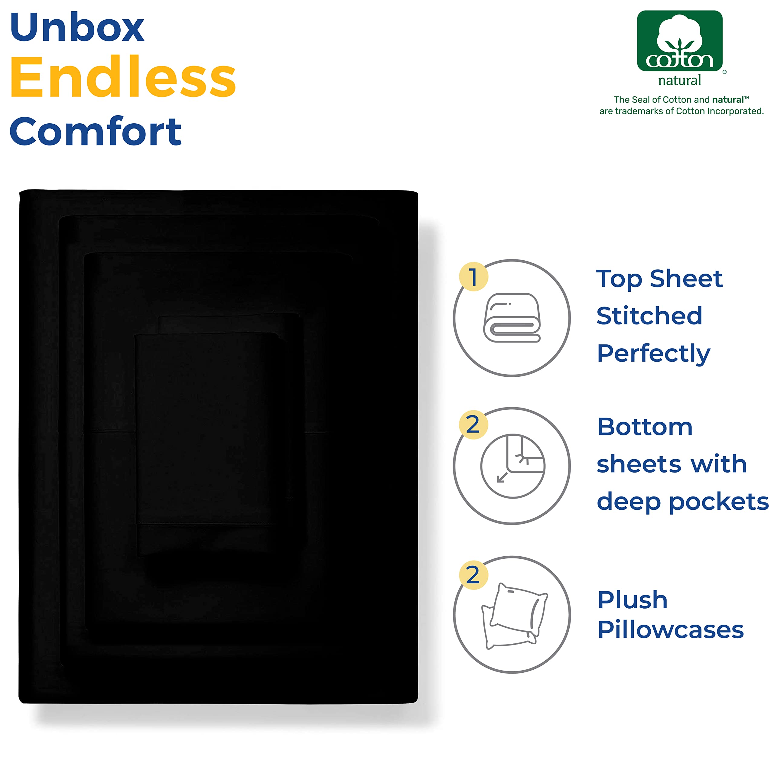 Thread Spread Luxury Sheets 600 Thread Count - Egyptian Cotton Quality Split King Size Sheet Set - Deep Pocket Fitted Bedding Sheets & Pillowcases - 4 Pc Breathable - Black Sheets For Boys & Girls