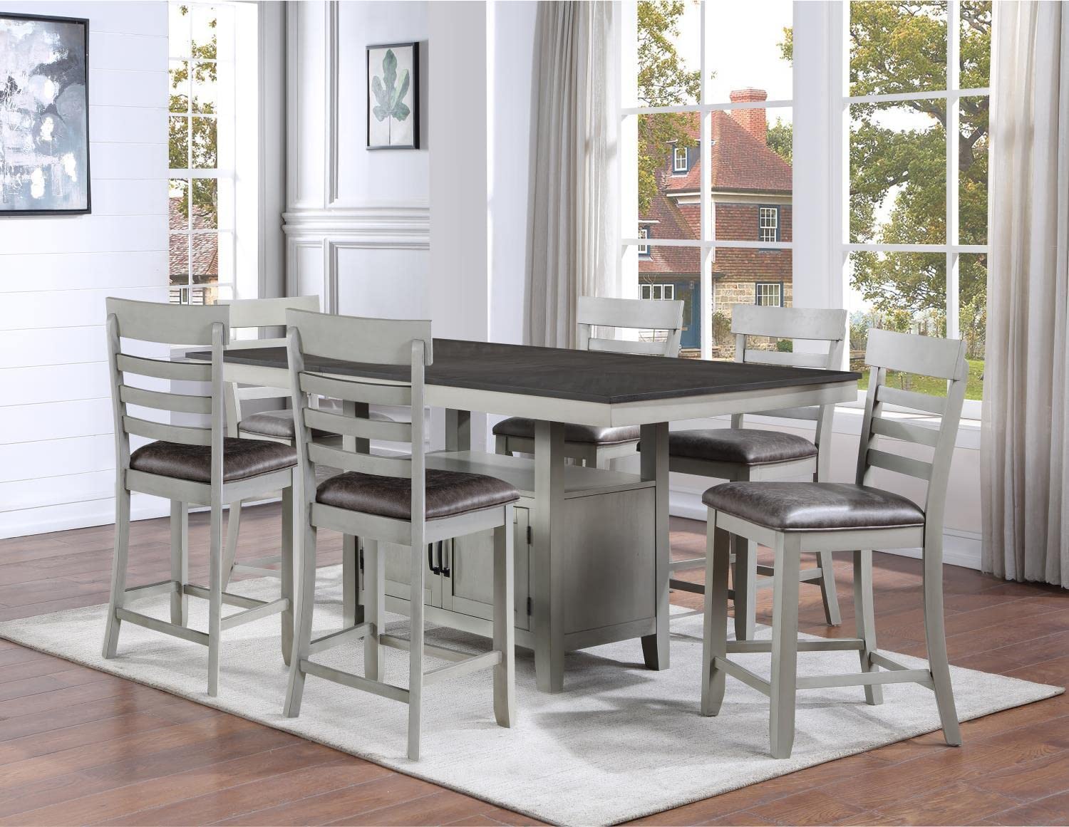 Steve Silver Furniture Hyland 7pc Rectangular Dining Set, 60 to 80-Inch Table w/ 6 Vegan Leather Upholstered Counter Chairs, Dining Room, Storage Shelf, 60" L x 42" W x 36" H, Grey