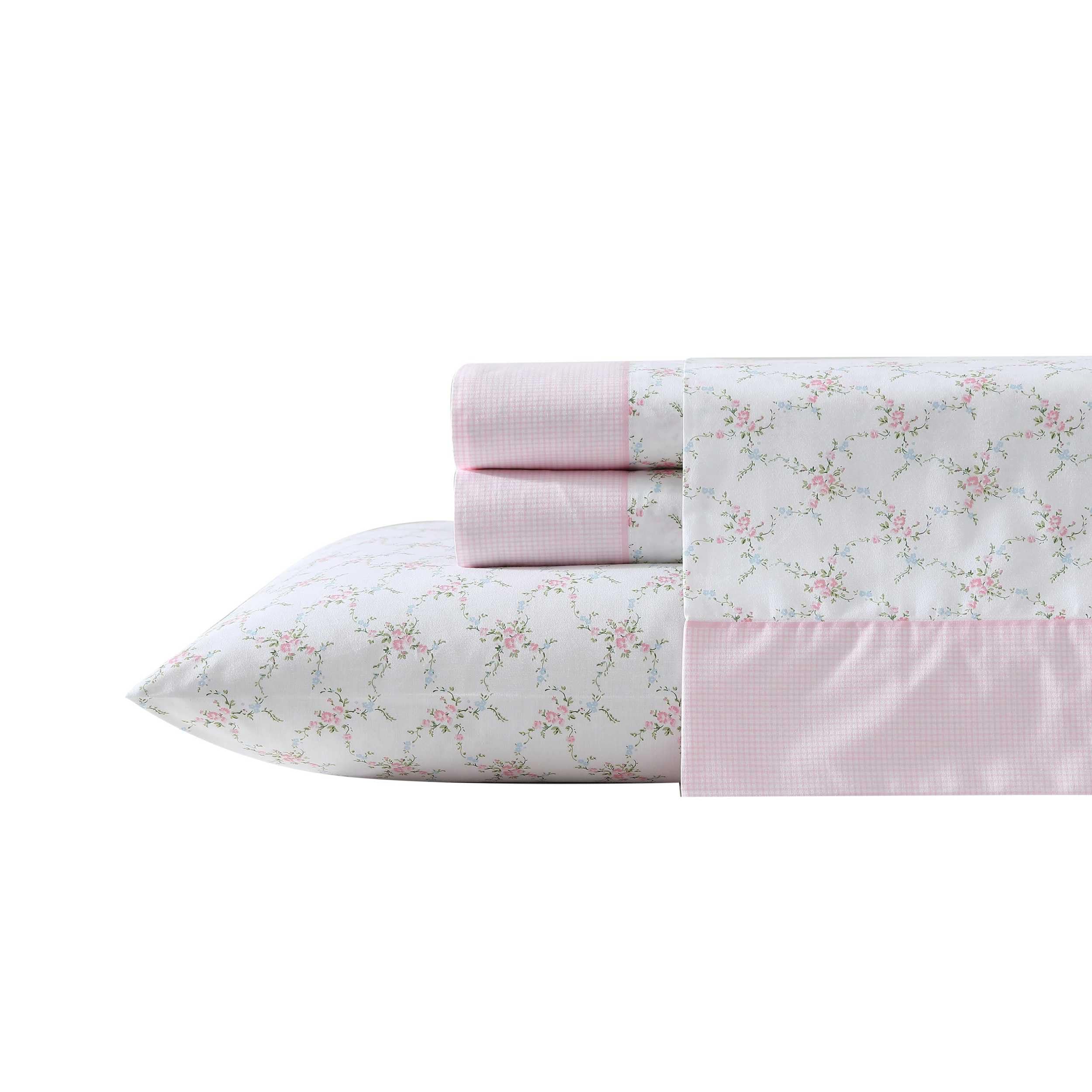 Laura Ashley - Sheet Set, Breathable Percale Cotton Bedding, 200 Thread Count, Deep Pocket, Chic Home Decor (Lynda Pink, King)