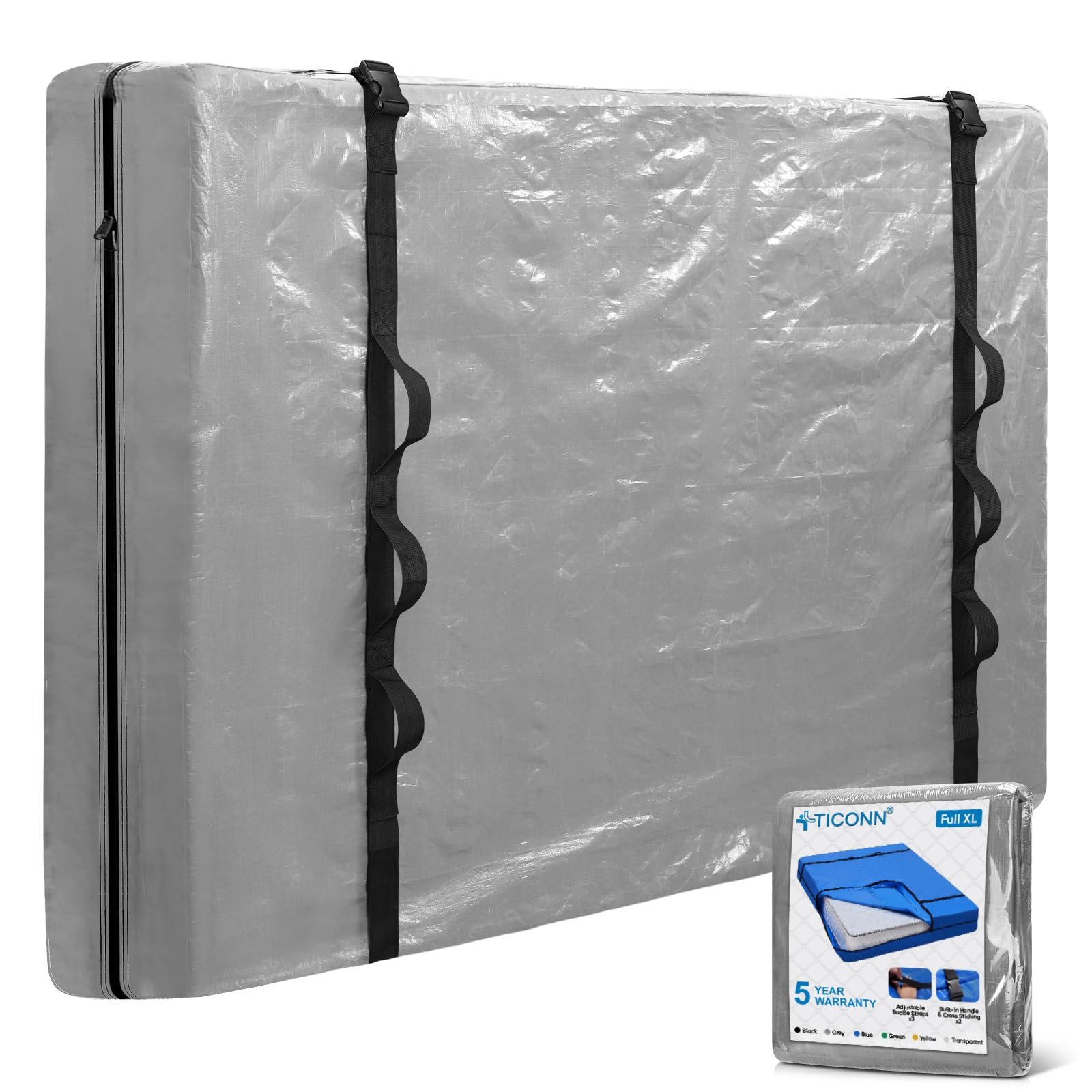 Ticonn Mattress Bags For Moving, Full Xl Mattress Cover For Moving, Heavy Duty, Full-Around Handle With Adjustable Buckles, Mattress Storage Bag & Moving Supplies (Gray, Full Xl)