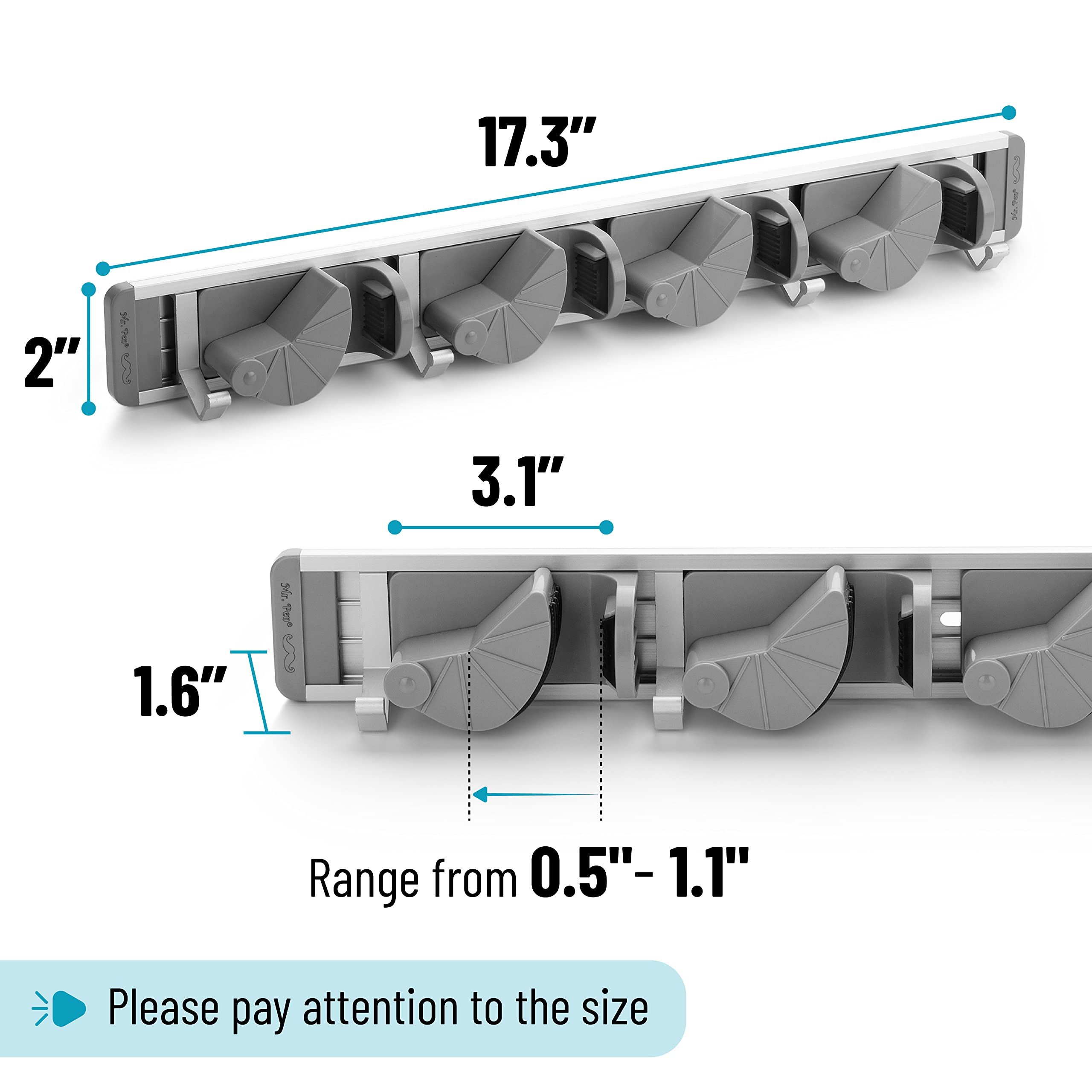 Mr. Pen Mop and Broom Holder Wall Mount - 4 Positions, 4 Hooks, Aluminum Organizer
