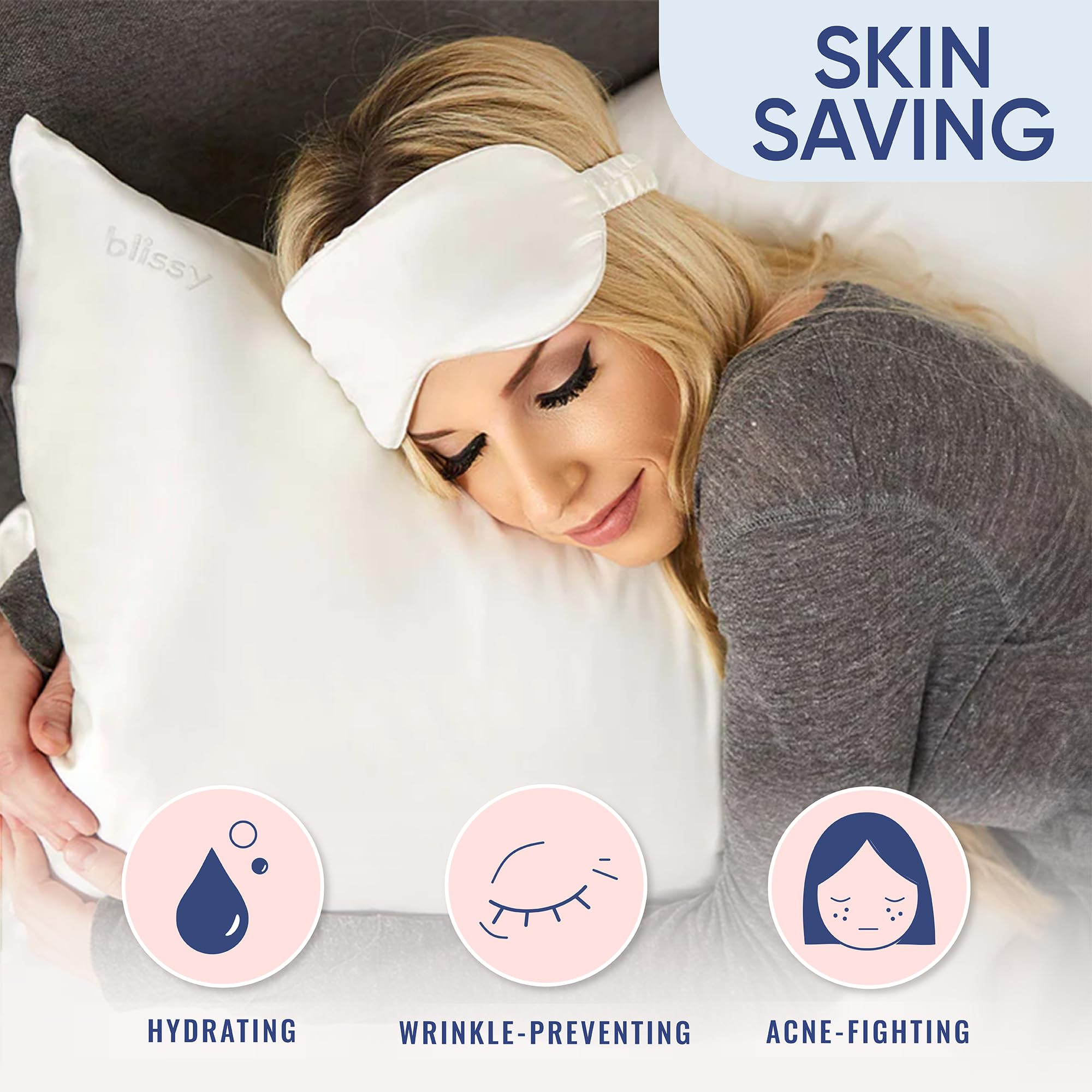 BLISSY Silk Pillowcase - 100% Pure Mulberry Silk, 22 Momme - Standard/Queen/King Size, White, Hidden Zipper, Moisture Wicking