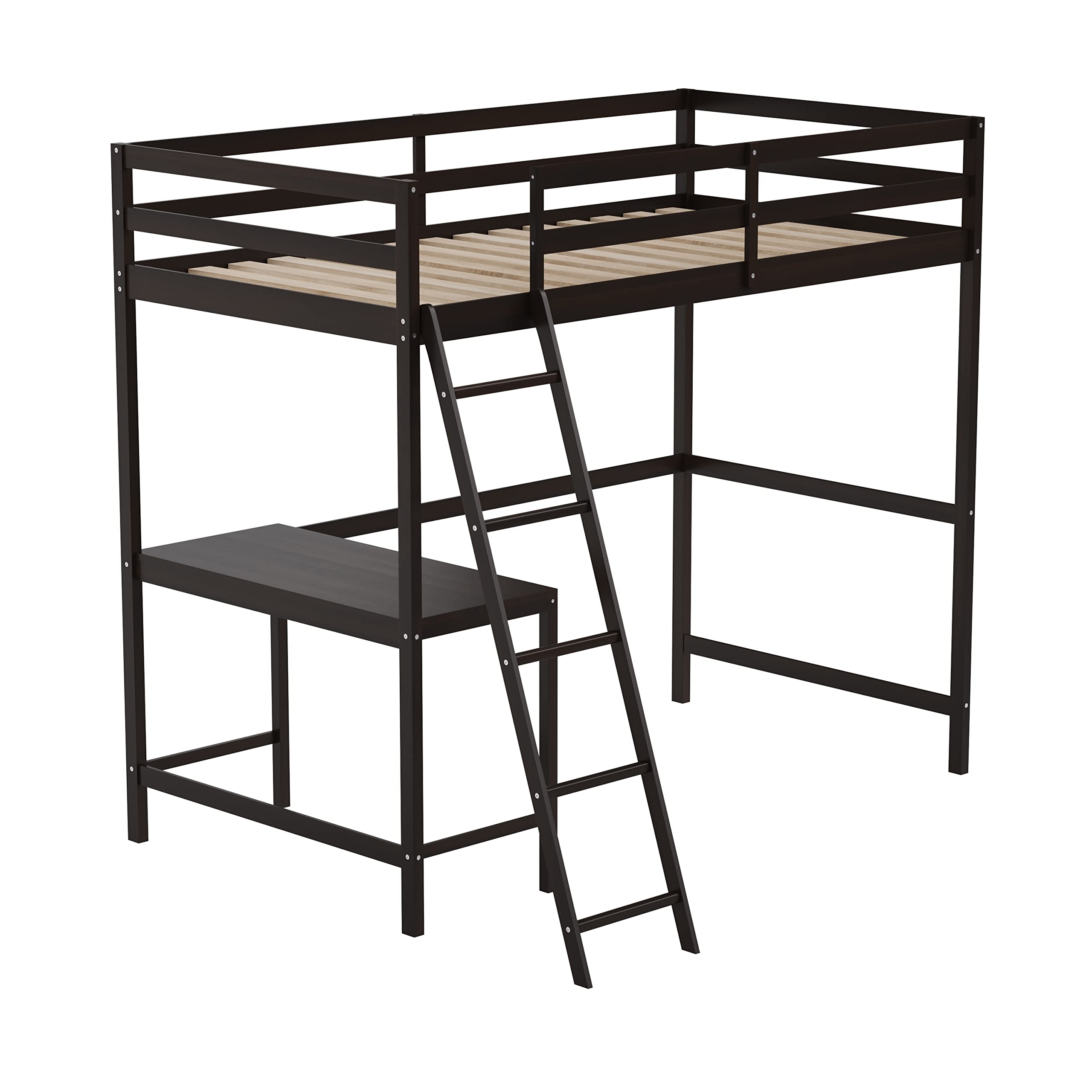 Flash Furniture Riley Loft Bed Frame with Desk - Espresso Wood Slats - Twin Size - Protective Guard Rails & Ladder - Kids and Teens - Space Saving Design