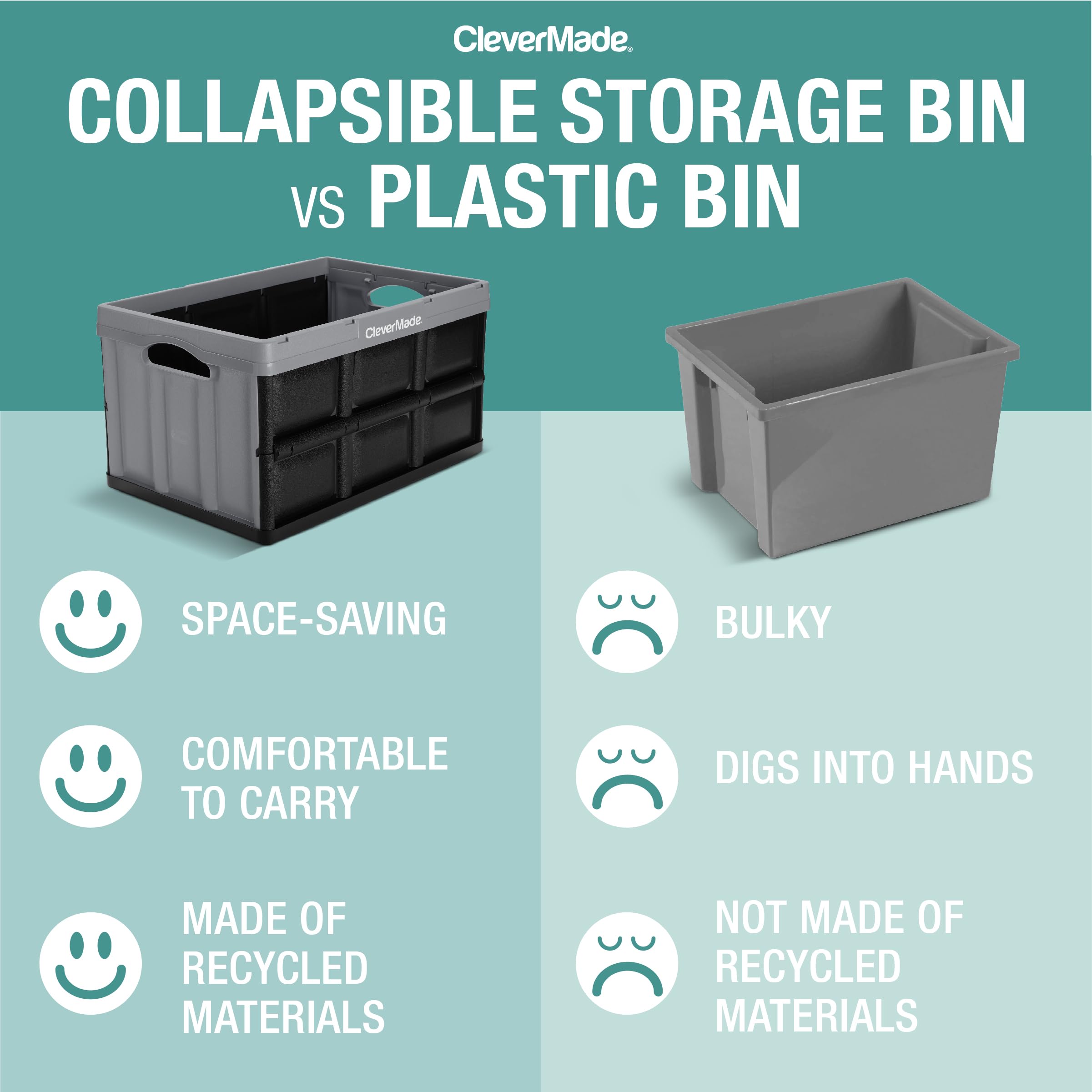 Clevermade Collapsible Storage Bin, Stone, 3Pk - 62L (16 Gal) Stackable Storage Containers, Holds 100Lbs Per Bin - Plastic Stora