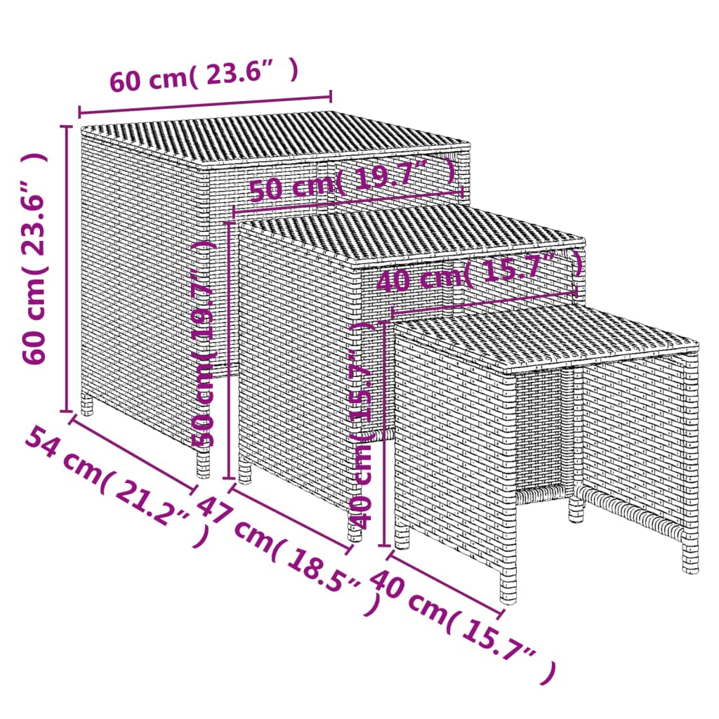 vidaXL Set of 3 Brown Poly Rattan Nesting Tables - Space-Saving, Sturdy, Easy-to-Clean, Indoor and Outdoor Use, with Powder-Coated Steel Frames