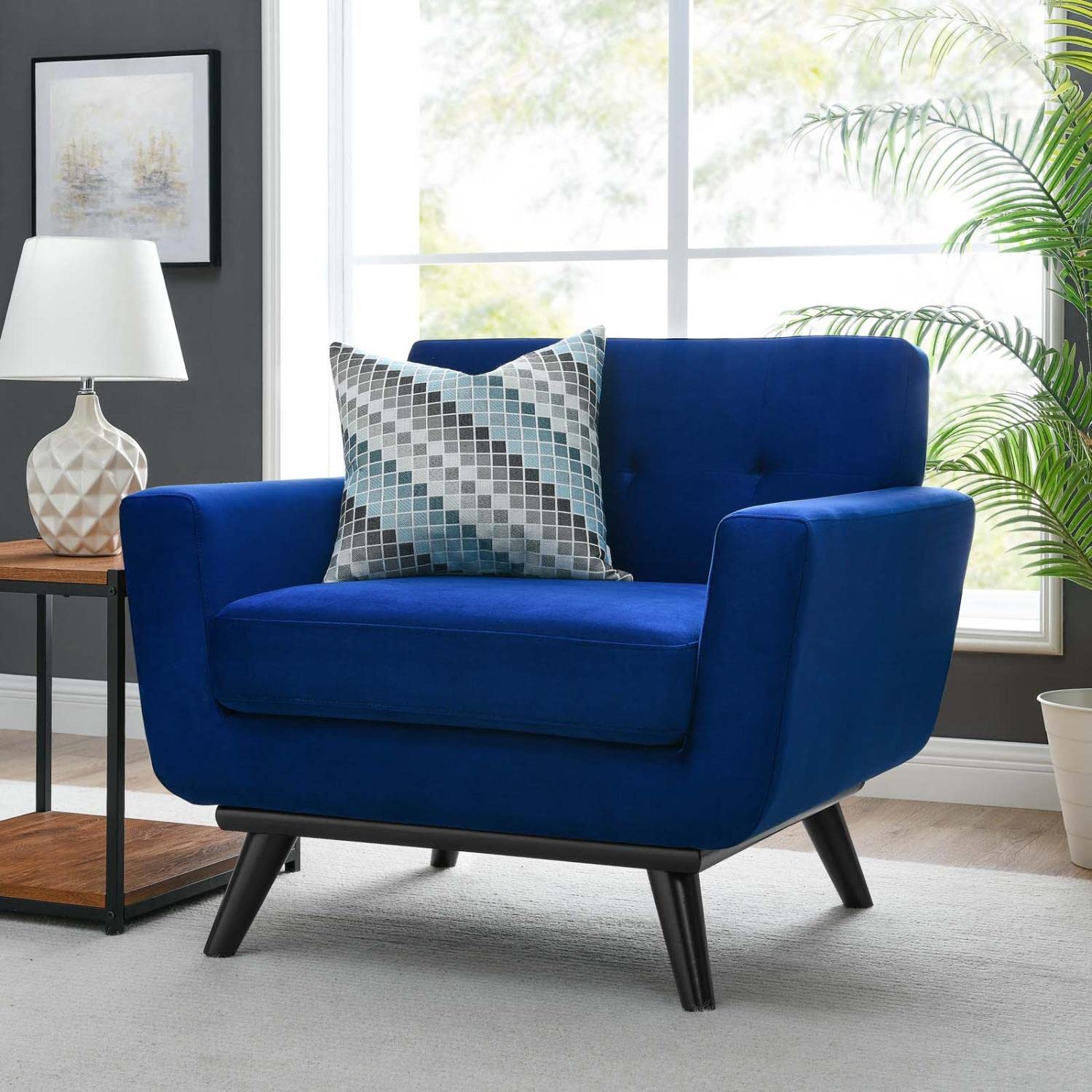 Modway Engage Modern Tufted Back Performance Velvet Armchair in Navy/Black