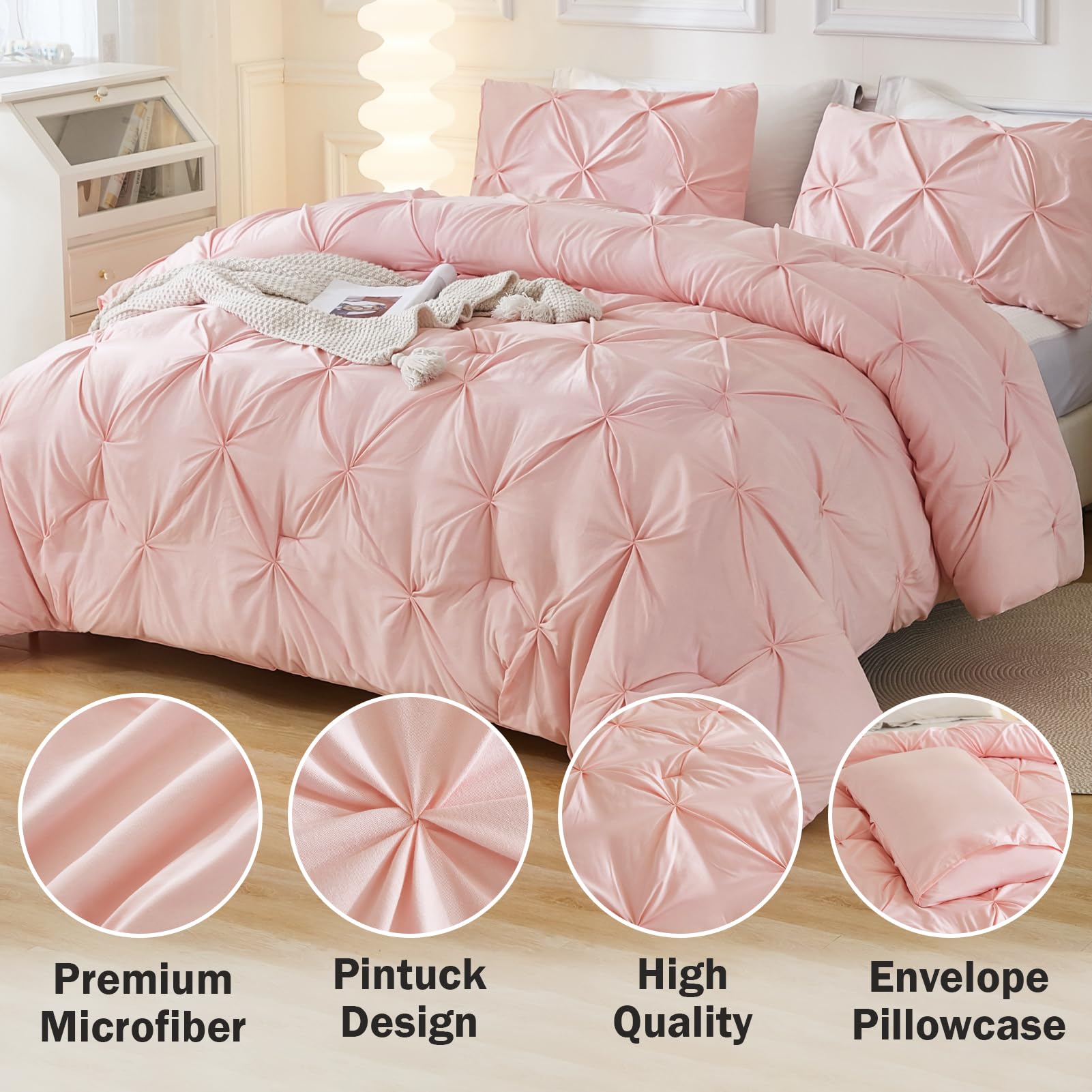 Andency Pink Comforter Set King(104X90Inch), 3 Pieces Soft Lightweight Cute Pinch Pleat Bedding Comforters & Sets, All Season Western Warm Down Alternative Bed Set For Girls Women