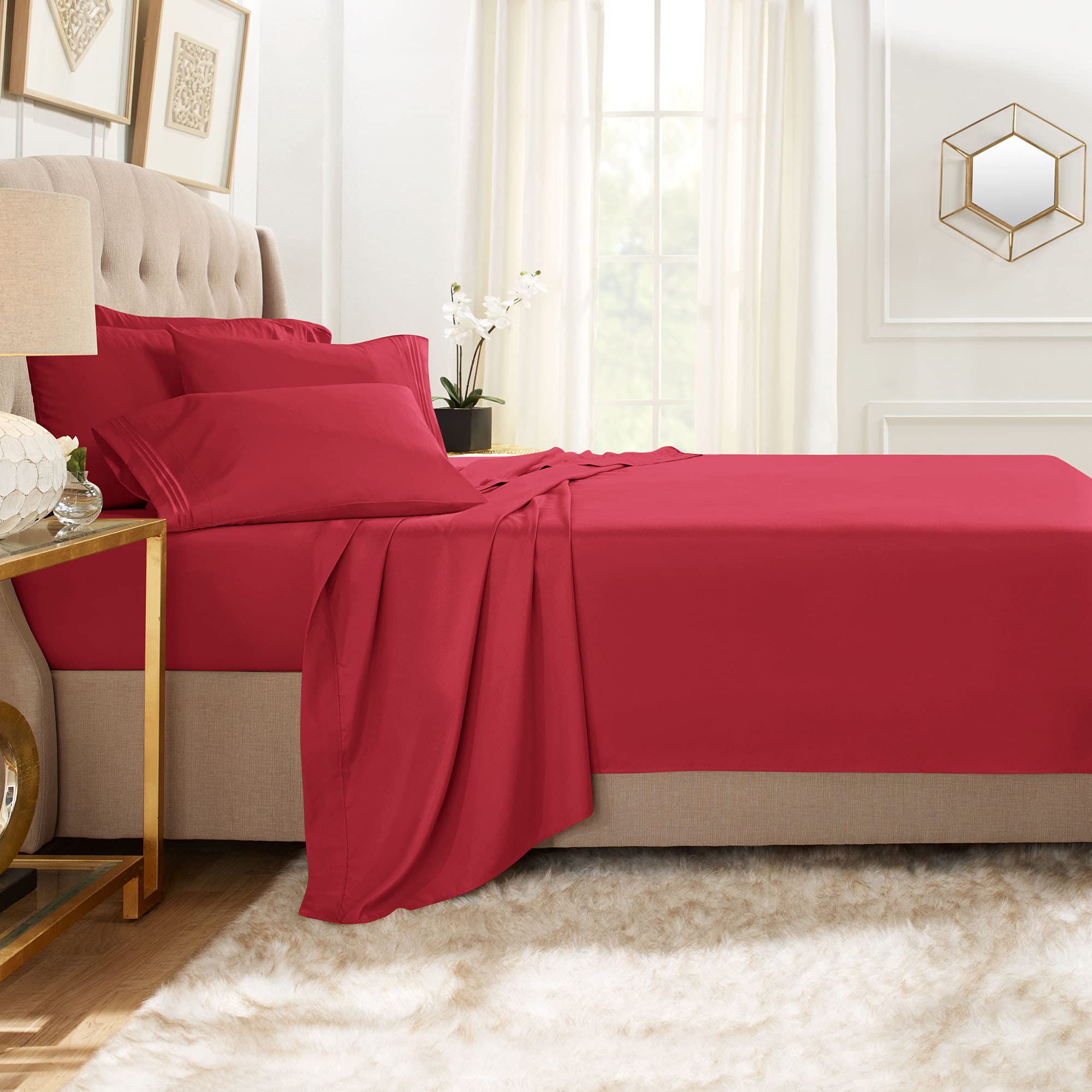 Clara Clark King Sheets, 6 Piece Set - Hotel Luxury Sheets For King Size Bed, Super Soft Bedding Sheets & Pillowcases, King Size Sheets, Burgundy Red
