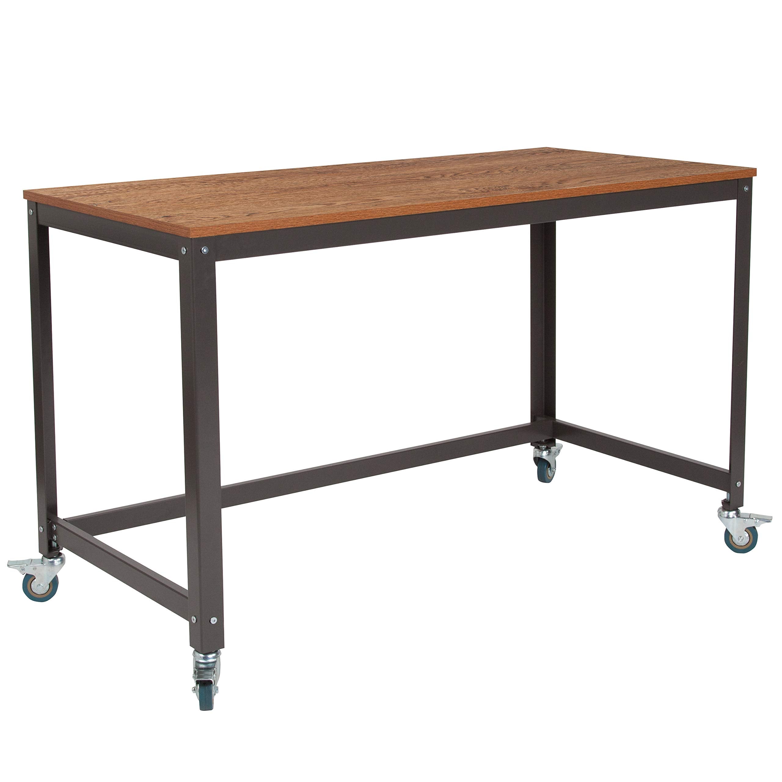 Flash Furniture Livingston Collection Computer Table And Desk In Brown Oak Wood Grain Finish With Metal Wheels