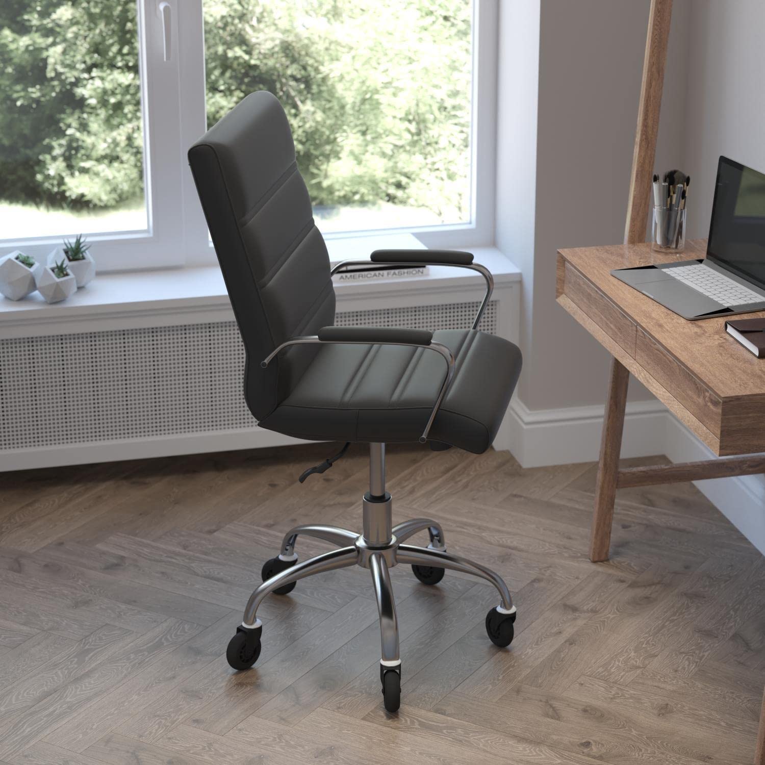 Flash Furniture Camilia Mid-Back Executive Swivel Office Chair With Chrome Frame, Arms, And Transparent Roller Wheels, 24&Quot;, Black Leathersoft