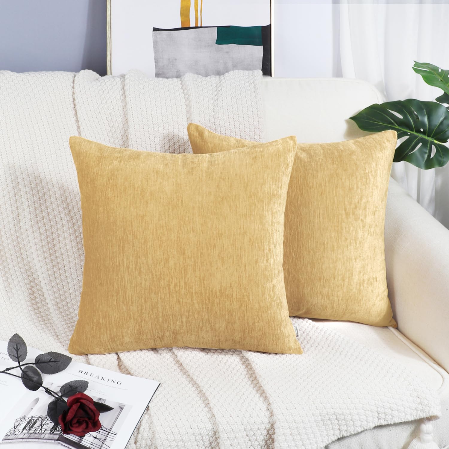 Brawarm Chenille Throw Pillow Covers 18X18 Inches - Gold Chenille Pillow Covers Pack Of 2, Solid Dyed Soft Chenille Pillow Cases