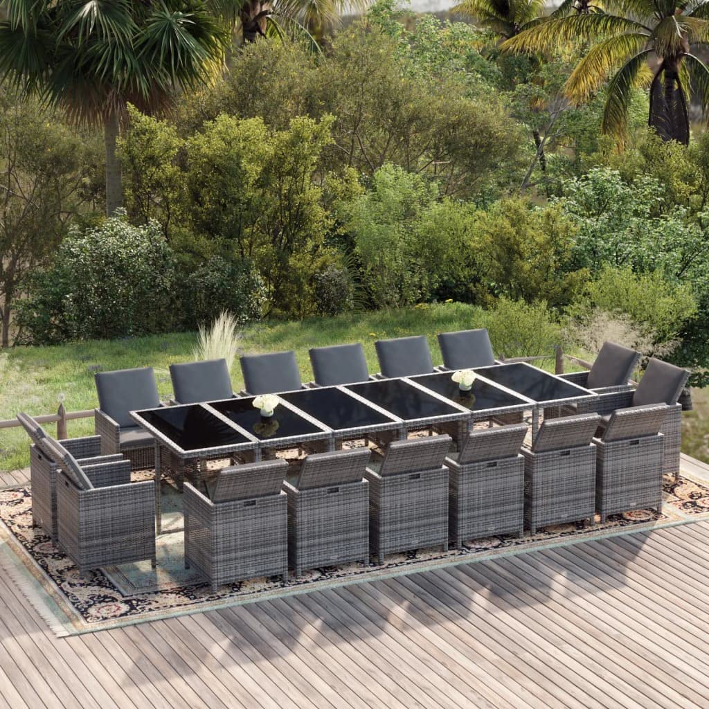 vidaXL Patio Dining Set 17 Piece with Cushions Garden Outdoor Terrace Balcony Dining Dinner Dinette Table and Chair Furniture Poly Rattan Gray
