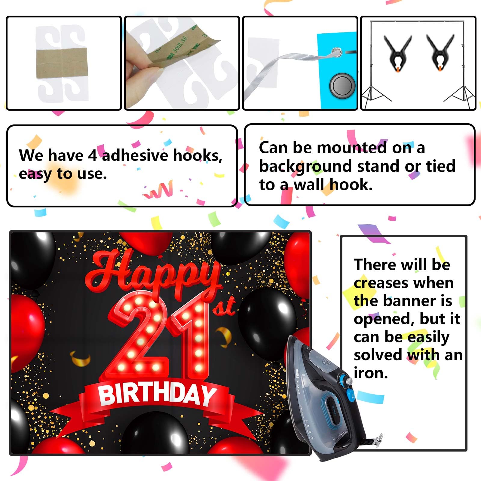 DZTRELFK 21st Birthday Banner Backdrop Decorations Fabric Red Black Glitter Gold Multi 71x47 inches