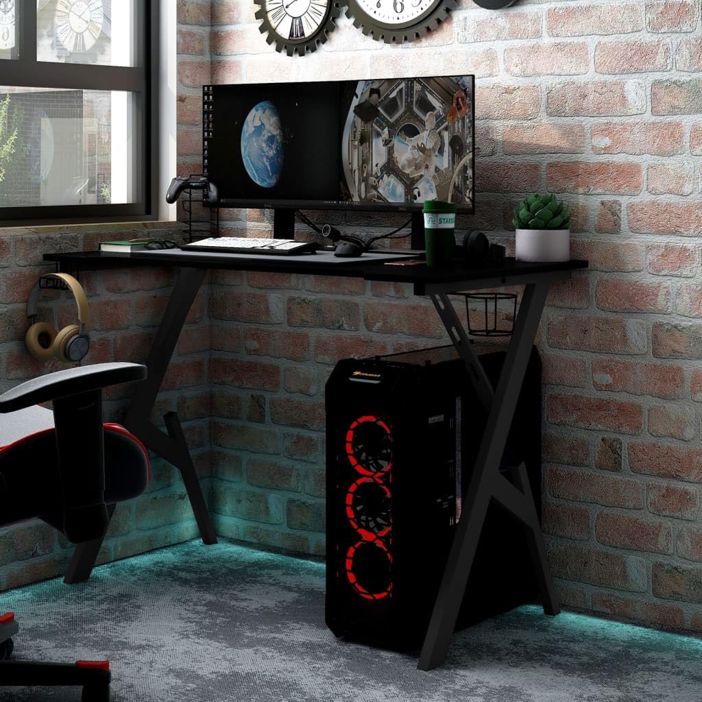 vidaXL Black Gaming Desk - Engineered Wood & Iron Y-Shaped Legs - Spacious PC Table with Cup/Headphone/Controller Holders for Office & Home
