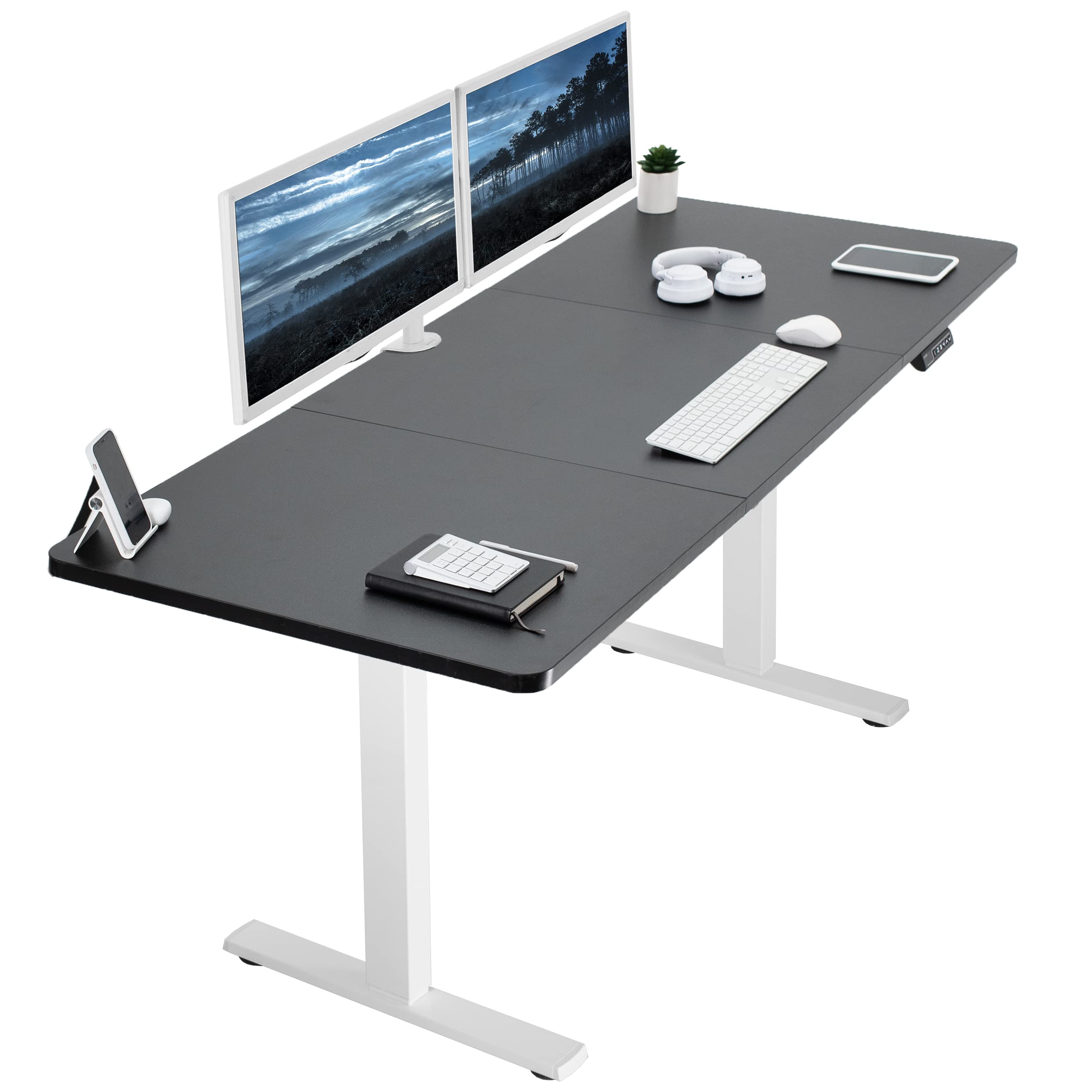 Vivo Electric Height Adjustable 71 X 30 Inch Memory Stand Up Desk, Black Table Top, White Frame, Standing Workstation With Preset Controller, 1B Series, Desk-Kit-1W7B