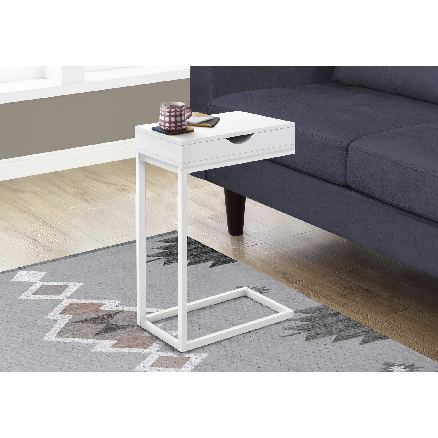 Monarch Specialties I 3601 Accent Table, C-Shaped, End, Side, Snack, Storage Drawer, Living Room, Bedroom, Metal, Laminate, White, Contemporary, Modern