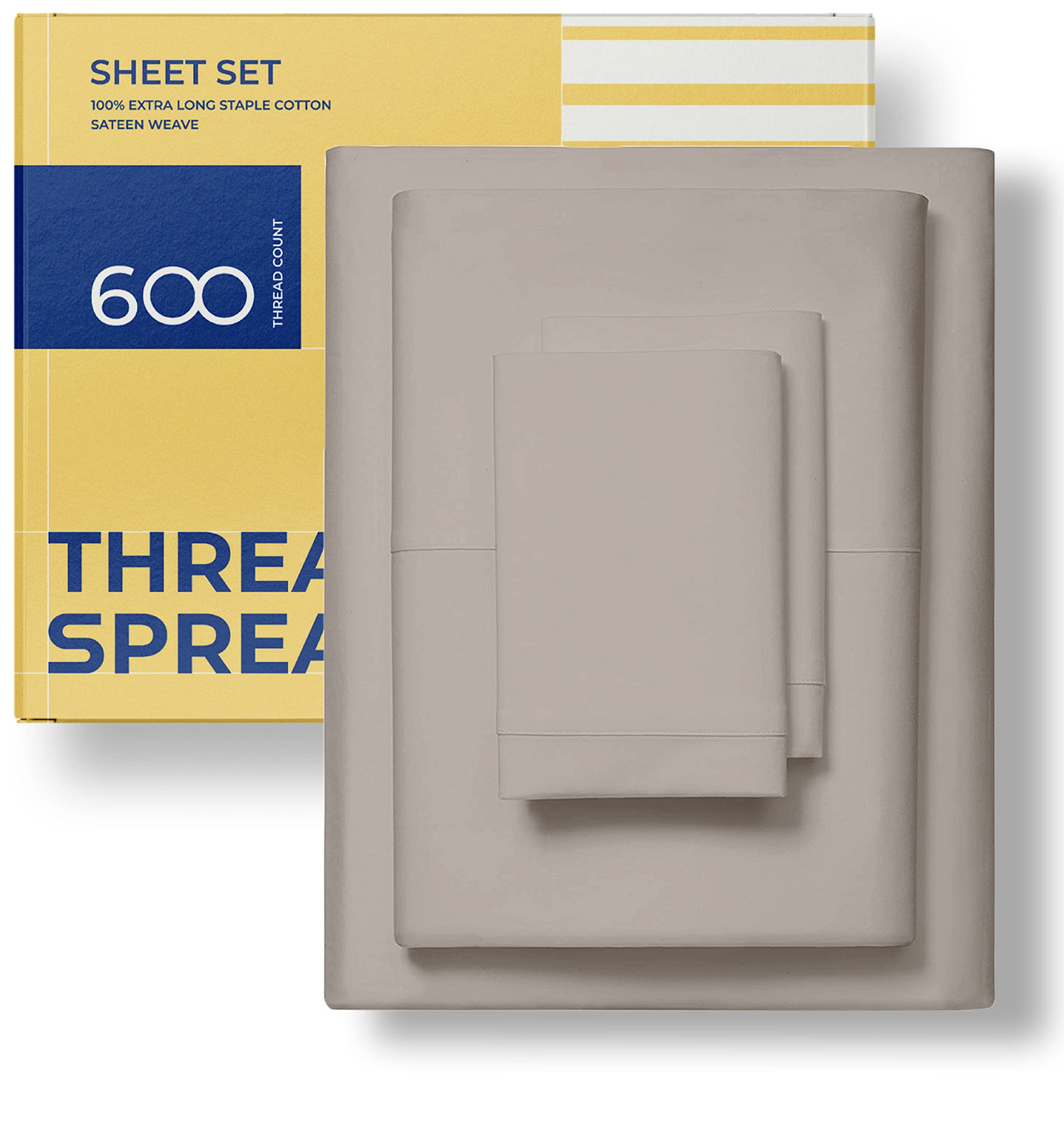 Thread Spread Luxury Sheets 600 Thread Count - Egyptian Cotton Quality King Size Sheet Set - Deep Pocket Fitted Bedding Sheets & Pillowcases - 4 Pc Breathable - Taupe Sheets For Boys & Girls