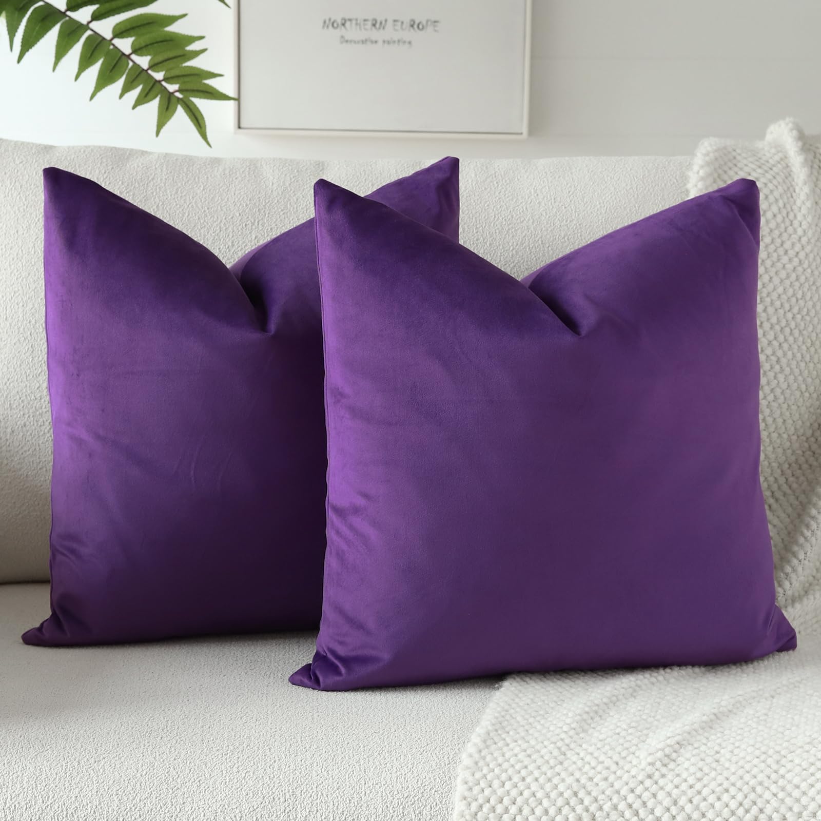 Otostar Velvet Soft Decorative Throw Pillow Covers 24 X 24 Inch Solid Square Cushion Case Home Decor Pillow Covers For Couch Sofa Living Room Bedroom Decorative Pillowcases Set Of 2 (Purple)